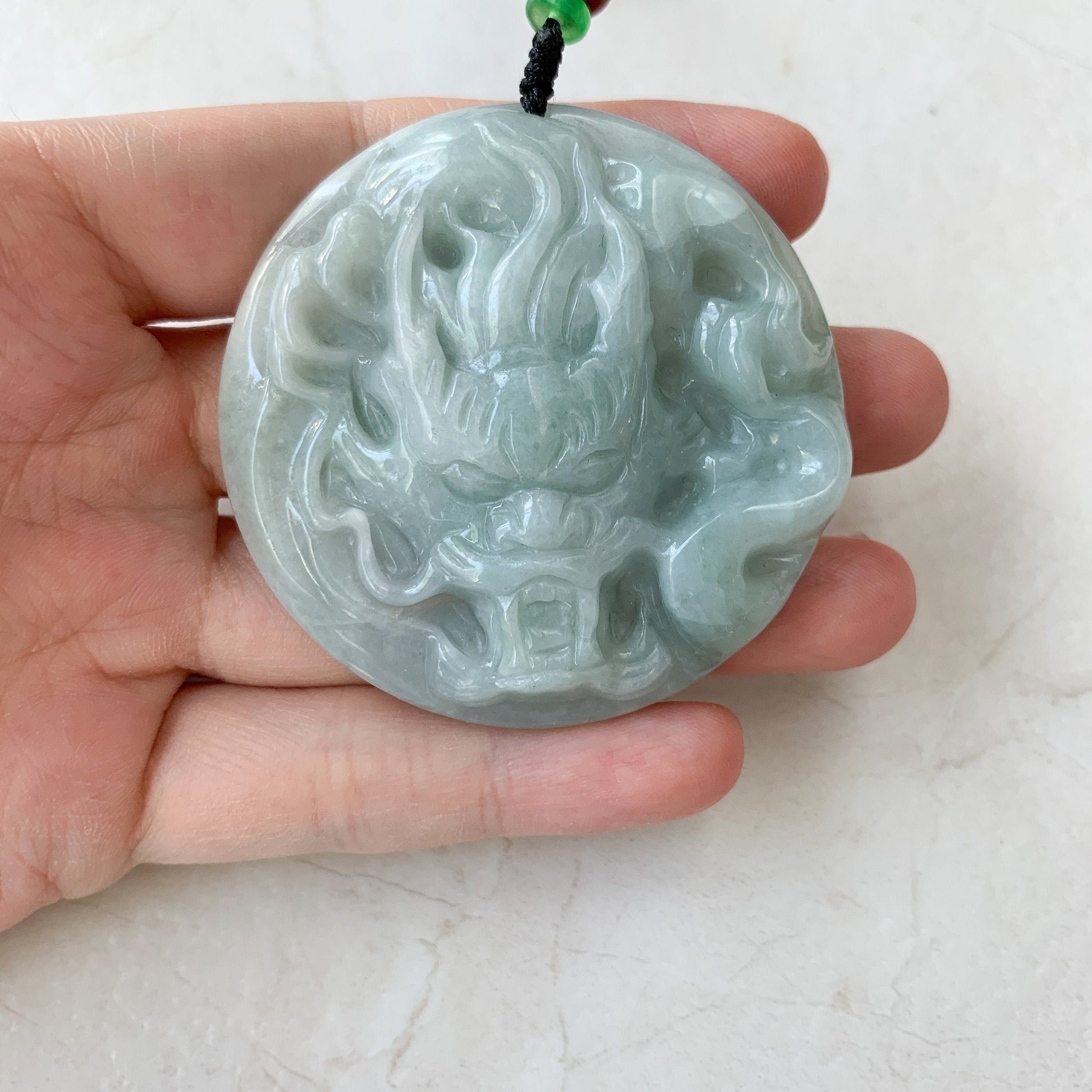 Large Jadeite Jade Dragon Chinese Zodiac Hand Carved Pendant Necklace, YJ-0321-0322922-1 - AriaDesignCollection