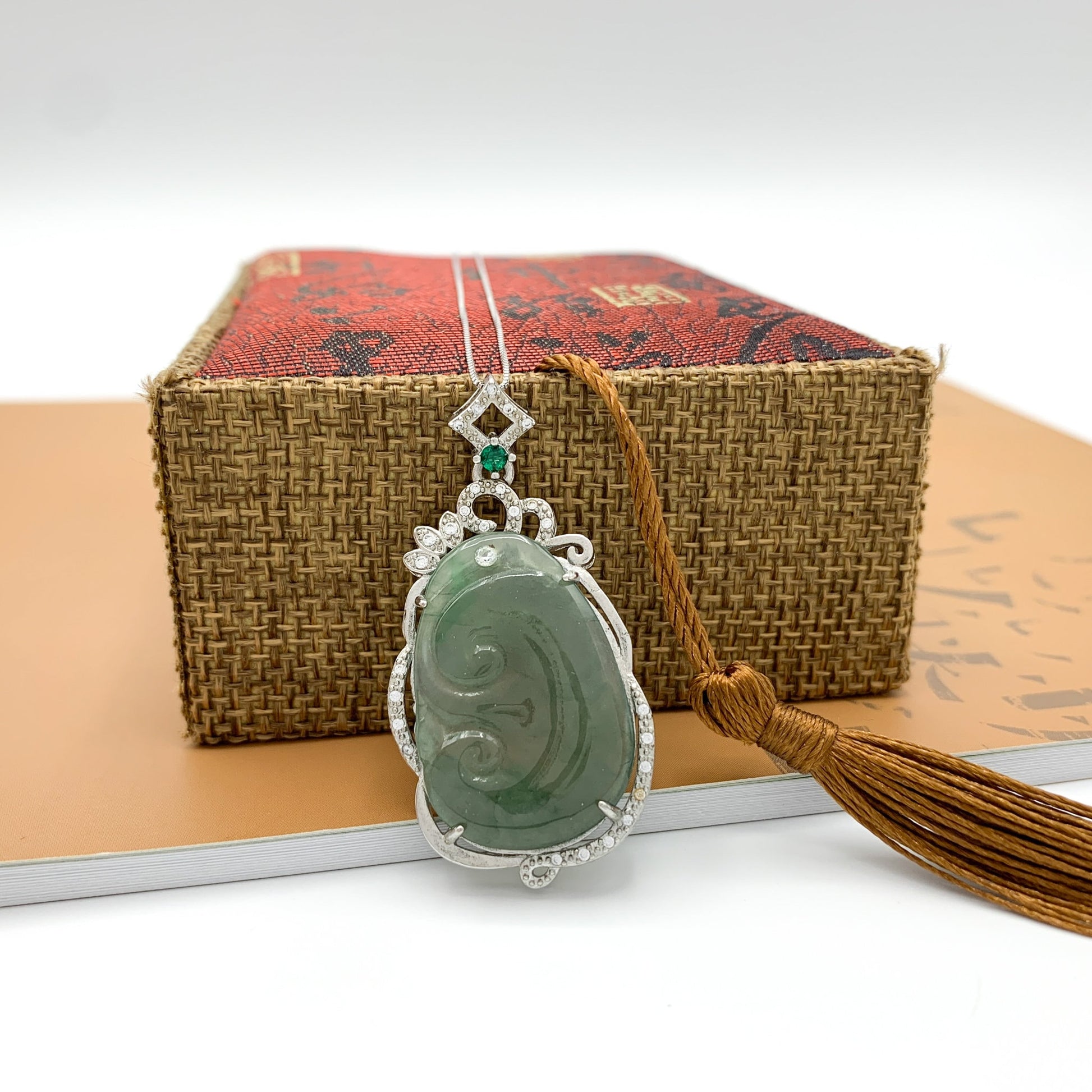 Jadeite Jade Lucky Ruyi Ru Yi, 如意, Sterling Silver Pendant Hand Carved Necklace, BJ-0621-0003439-4 - AriaDesignCollection