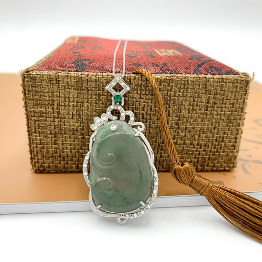 Jadeite Jade Lucky Ruyi Ru Yi, 如意, Sterling Silver Pendant Hand Carved Necklace, BJ-0621-0003439-4 - AriaDesignCollection