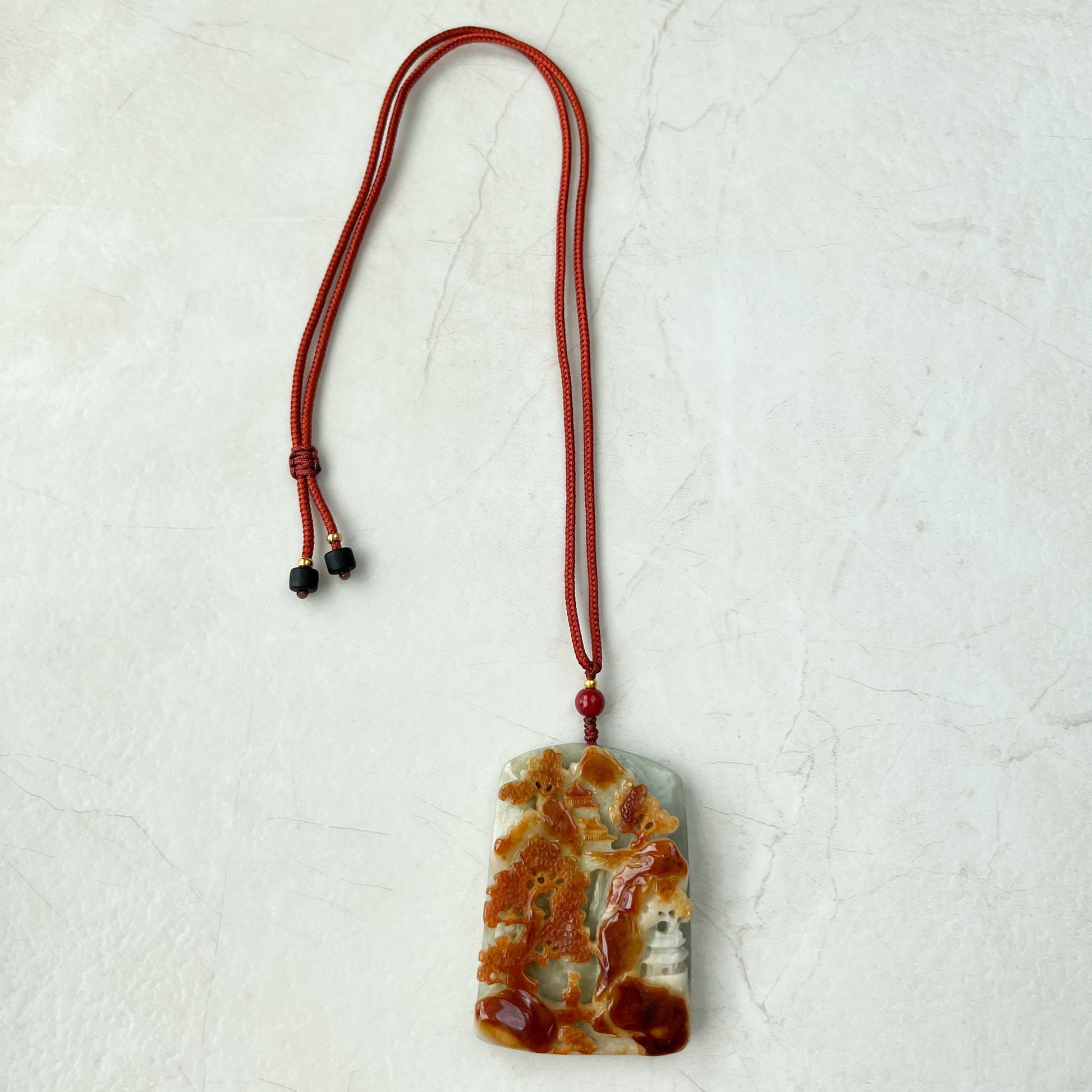 Yellow and Red Tree Pendant, Jadeite Jade, Mountain Forest River Scenery, Landscape Scenery, Hand Carved Pendant Necklace, YJ-0321-0360430 - AriaDesignCollection
