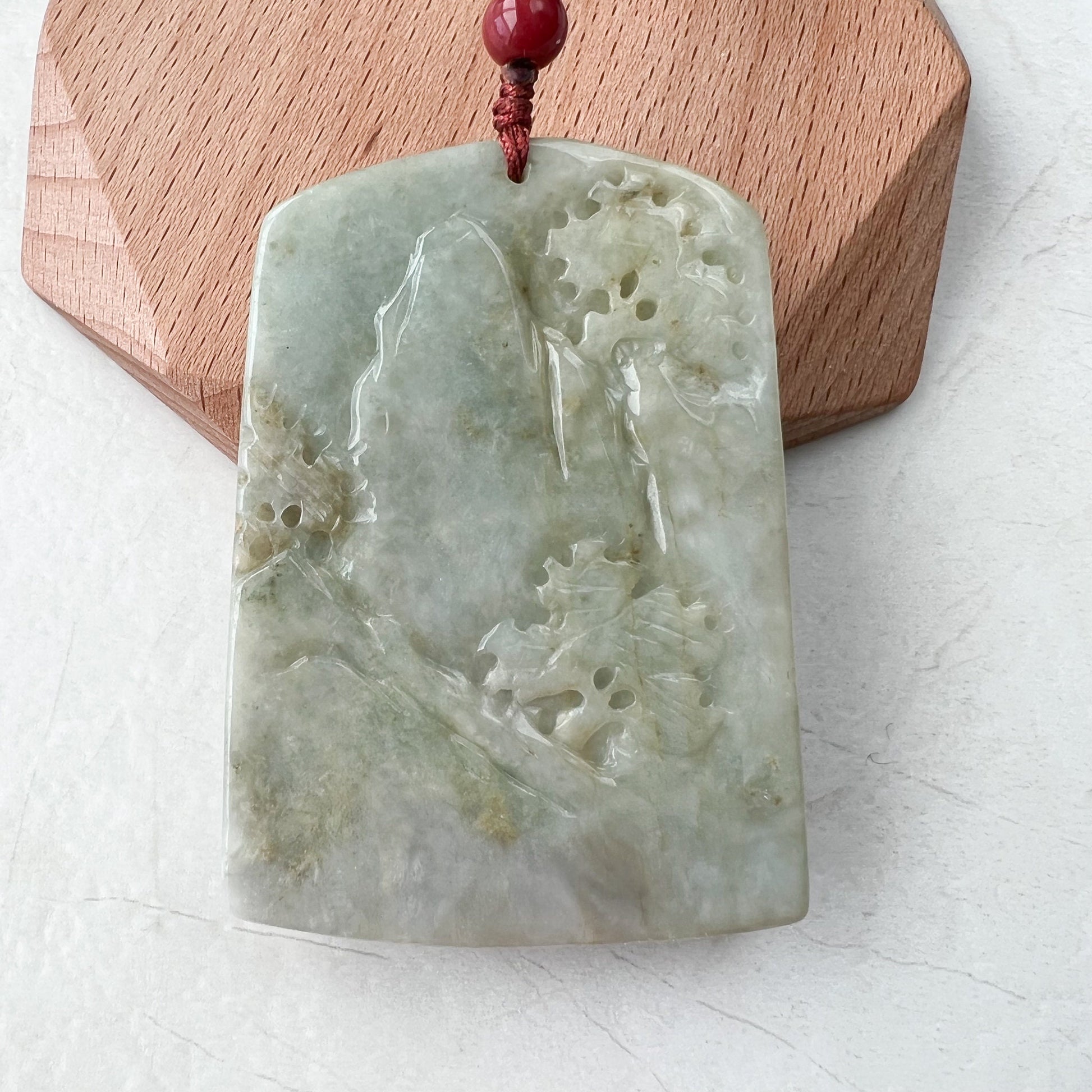 Yellow and Red Tree Pendant, Jadeite Jade, Mountain Forest River Scenery, Landscape Scenery, Hand Carved Pendant Necklace, YJ-0321-0360430 - AriaDesignCollection