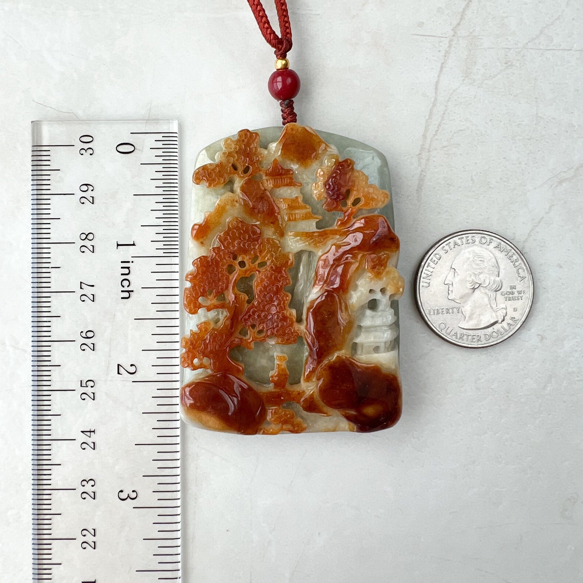 Yellow and Red Tree Pendant, Jadeite Jade, Mountain Forest River Scenery, Landscape Scenery, Hand Carved Pendant Necklace, YJ-0321-0360430 - AriaDesignCollection