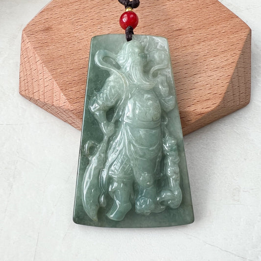 Large Green Jadeite Jade Guan Yu Guan Gong, 关羽, 关公, Carved Pendant Necklace, YJ-1221-0279103 - AriaDesignCollection