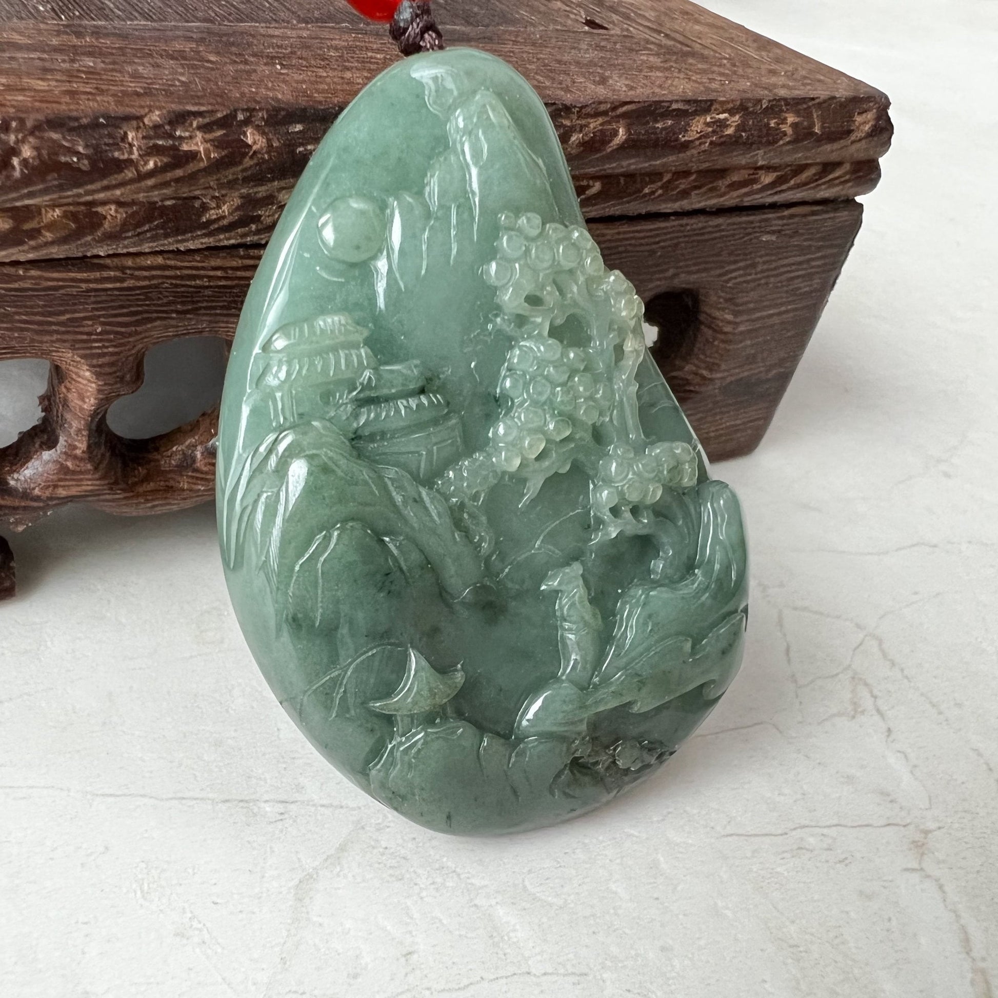 Green Jadeite Jade Landscape, Mountain Forest River Tree Scenery, Hand Carved Pendant Necklace, YJ-1221-0235527 - AriaDesignCollection