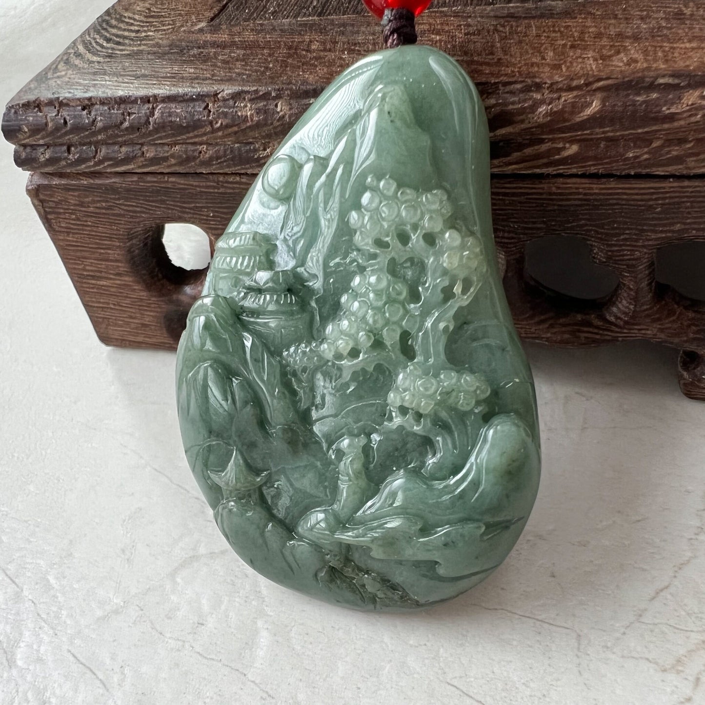 Green Jadeite Jade Landscape, Mountain Forest River Tree Scenery, Hand Carved Pendant Necklace, YJ-1221-0235527 - AriaDesignCollection