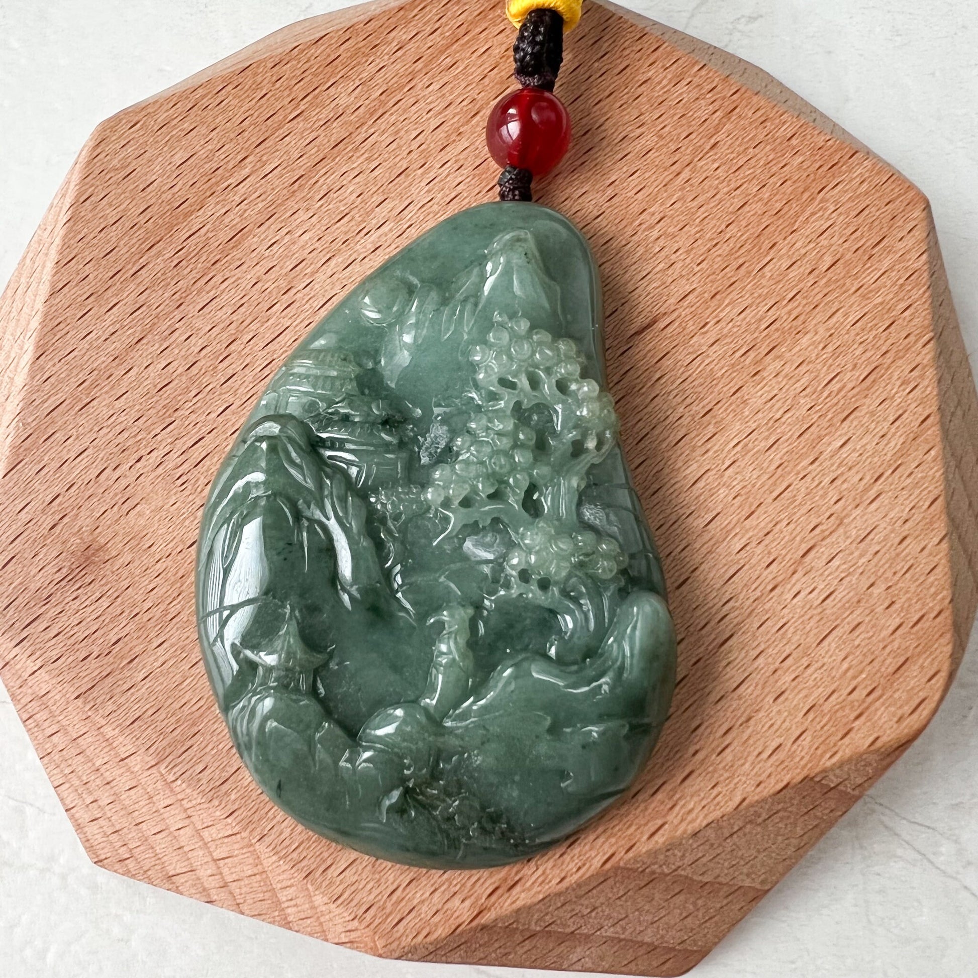 Green Jadeite Jade Landscape, Mountain Forest River Tree Scenery, Hand Carved Pendant Necklace, YJ-1221-0235527 - AriaDesignCollection