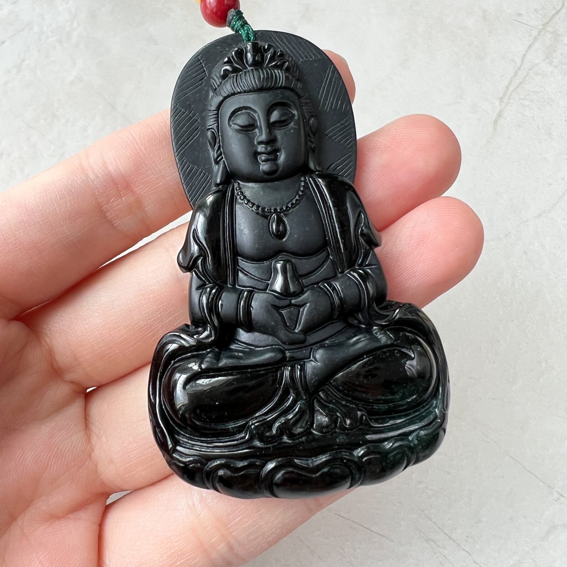 Large Black Jadeite Jade Omphacite Guan Yin Necklace, Quan Am, LGG-1221-1647833481 - AriaDesignCollection