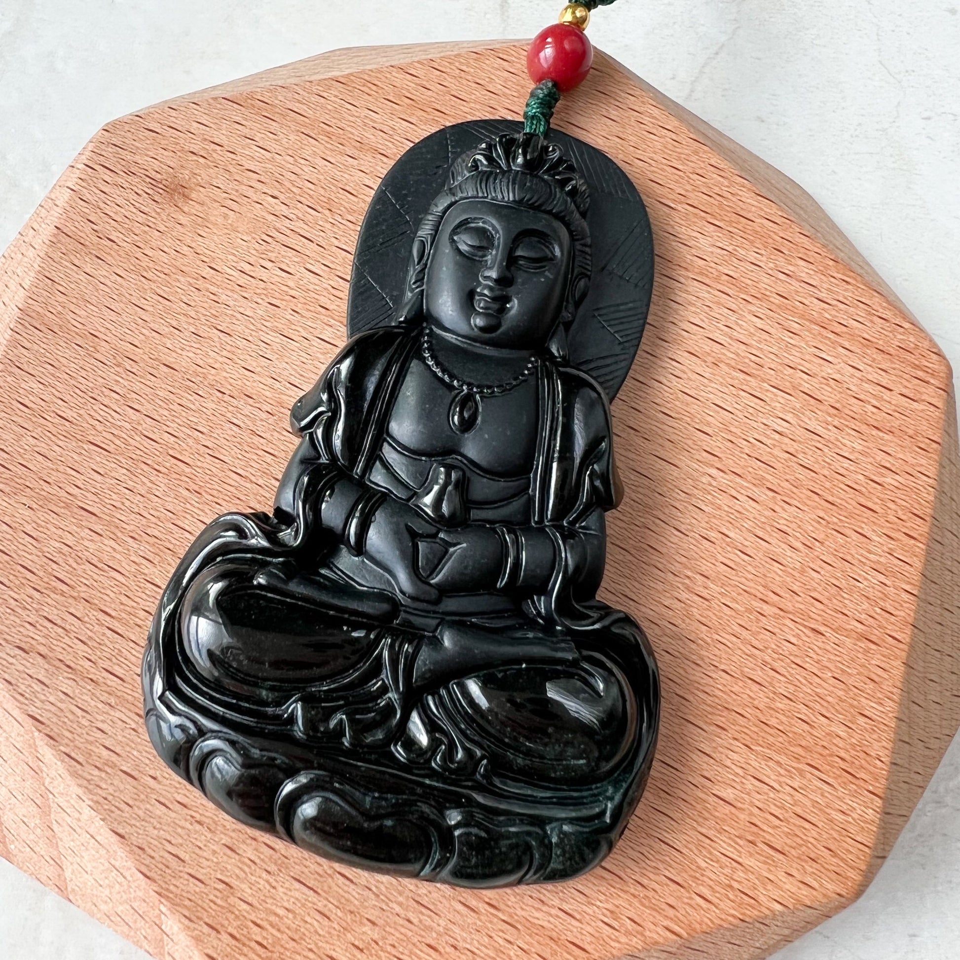 Large Black Jadeite Jade Omphacite Guan Yin Necklace, Quan Am, LGG-1221-1647833481 - AriaDesignCollection