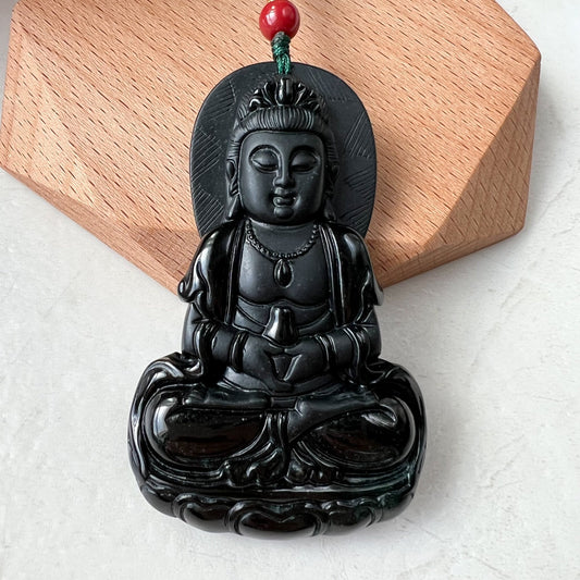 Large Black Jadeite Jade Omphacite Guan Yin Necklace, Quan Am, LGG-1221-1647833481 - AriaDesignCollection