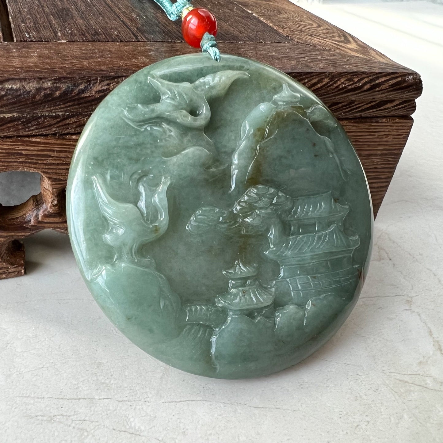 Jadeite Jade Landscape Mountain Forest River Tree, Crane, Longevity, Scenery Hand Carved Pendant Necklace, YJ-1221-0170321 - AriaDesignCollection