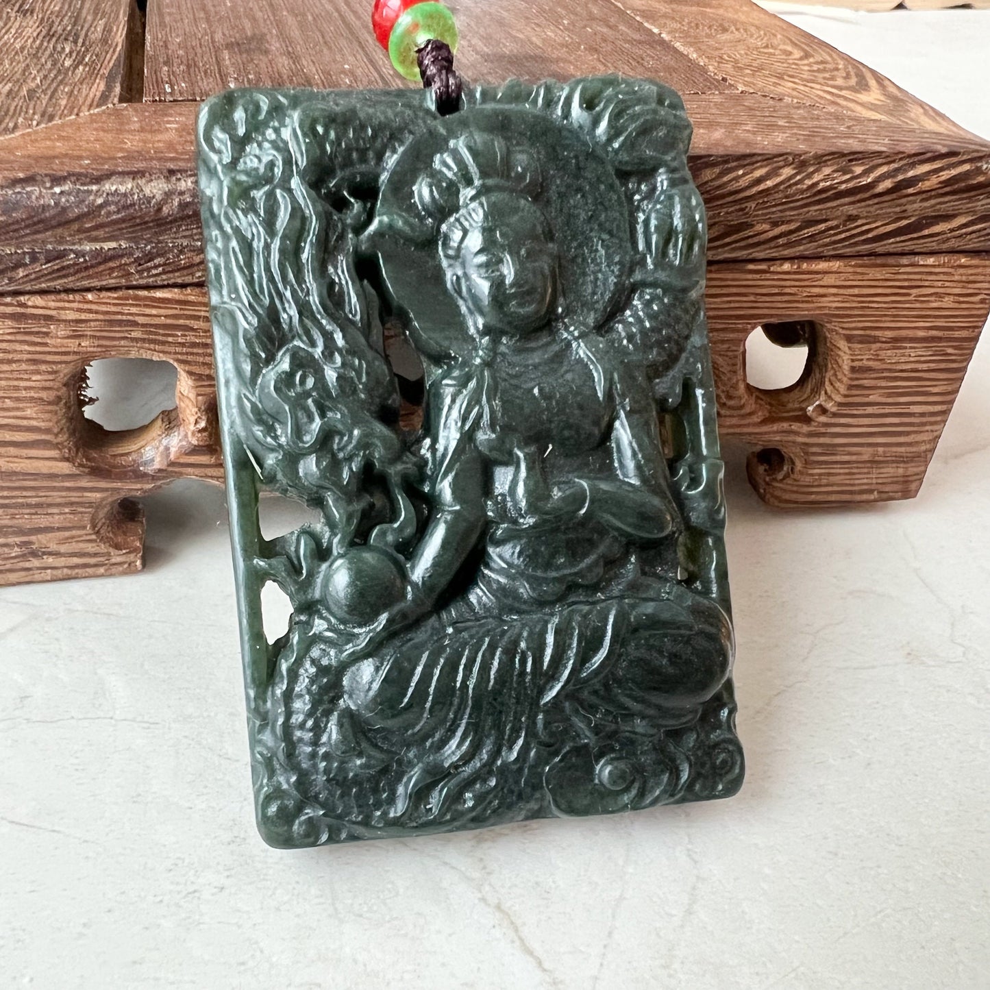 Nephrite Jade Guan Yin Necklace, Hand Carved, Dark Green Jade, Quan Am, Female Buddha Pendant, RM-1221-1649624212 - AriaDesignCollection
