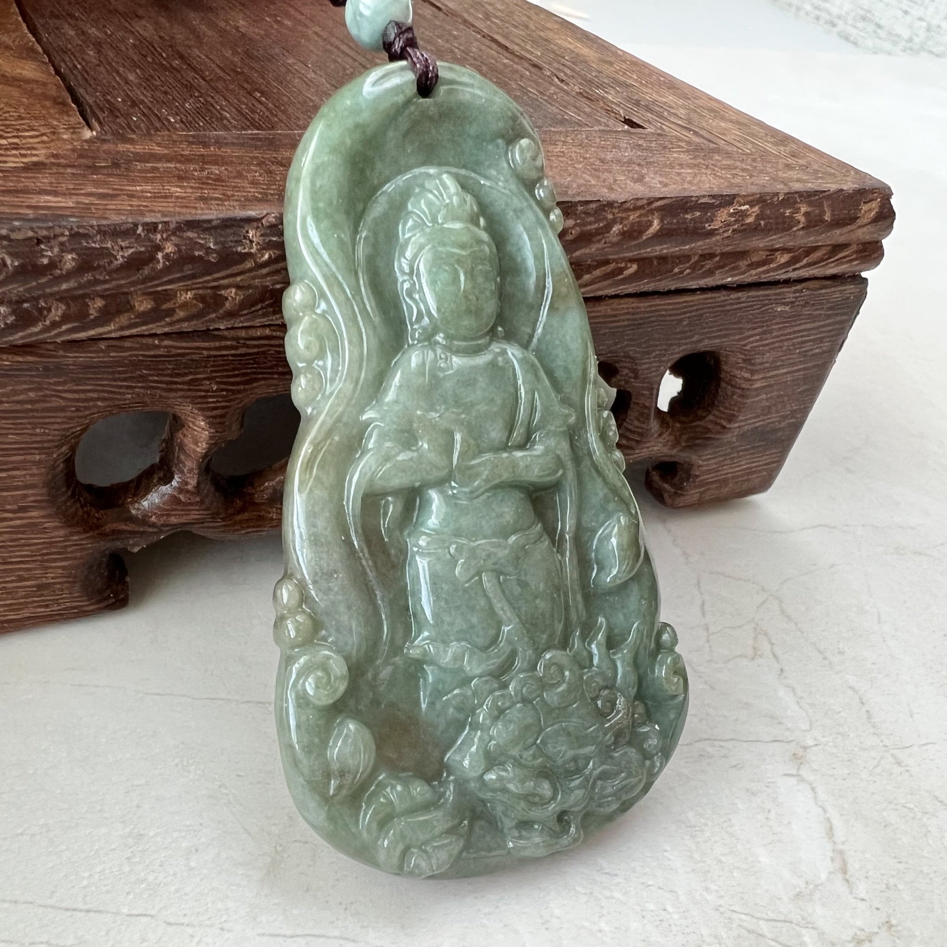 Jadeite Jade Guan Yin Avalokiteshvara and Dragon Carved Pendant Necklace, Quan Am, YJ-1221-0279115 - AriaDesignCollection
