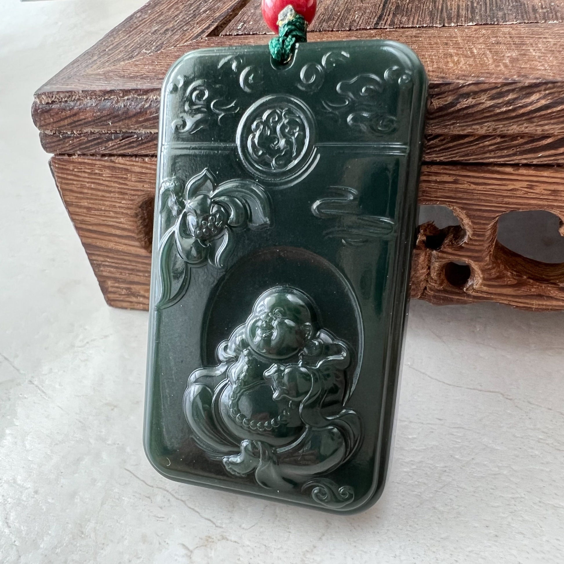 Dark Green Black Nephrite Jade Happy Laughing Buddha Necklace, SY-1221-1647872375 - AriaDesignCollection