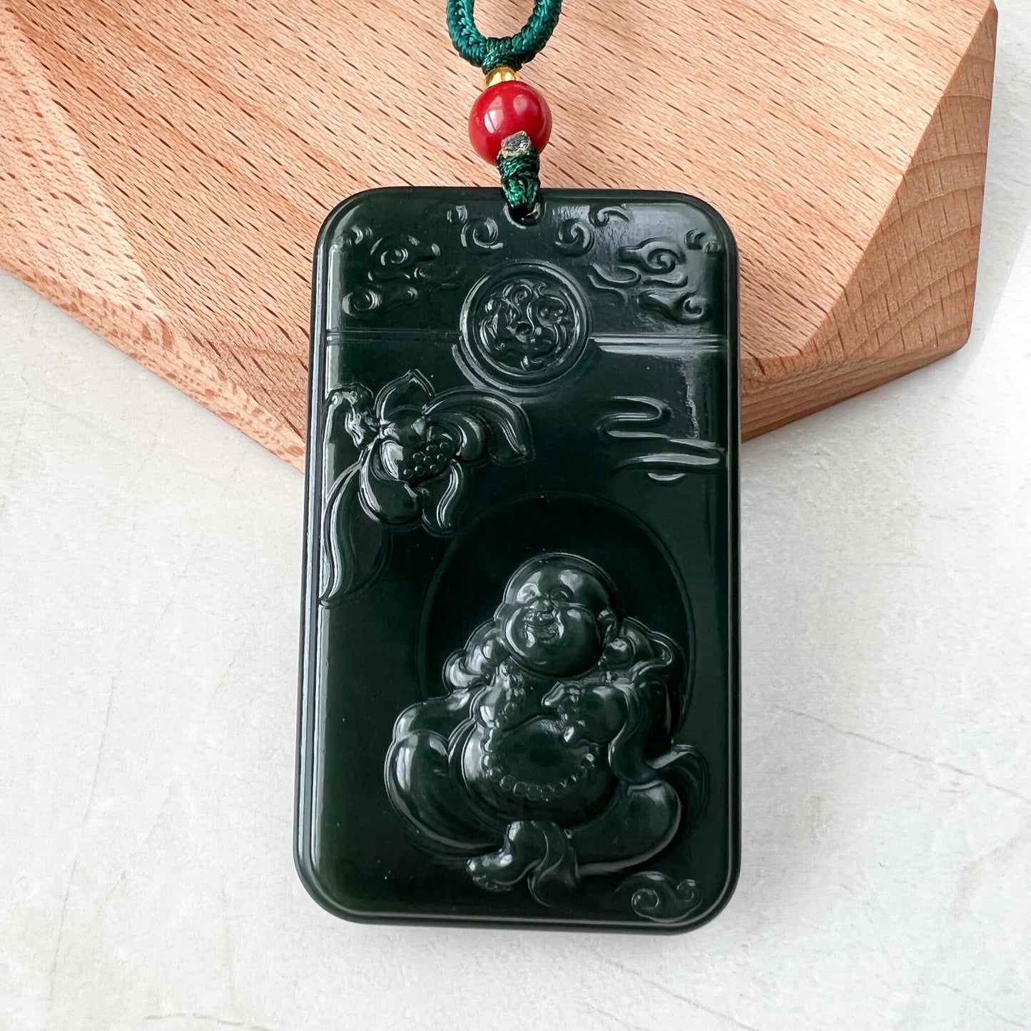 Dark Green Black Nephrite Jade Happy Laughing Buddha Necklace, SY-1221-1647872375 - AriaDesignCollection