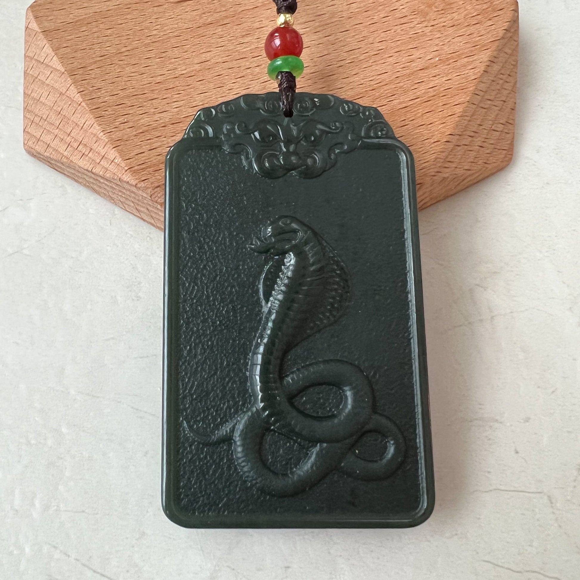 Dark Green Nephrite Jade Samantabhadra Buddha bodhisattva with elephant, Pu Xian, Phổ Hiền Bồ Tát, Snake Pendant Necklace,RM-1221-1649702412 - AriaDesignCollection