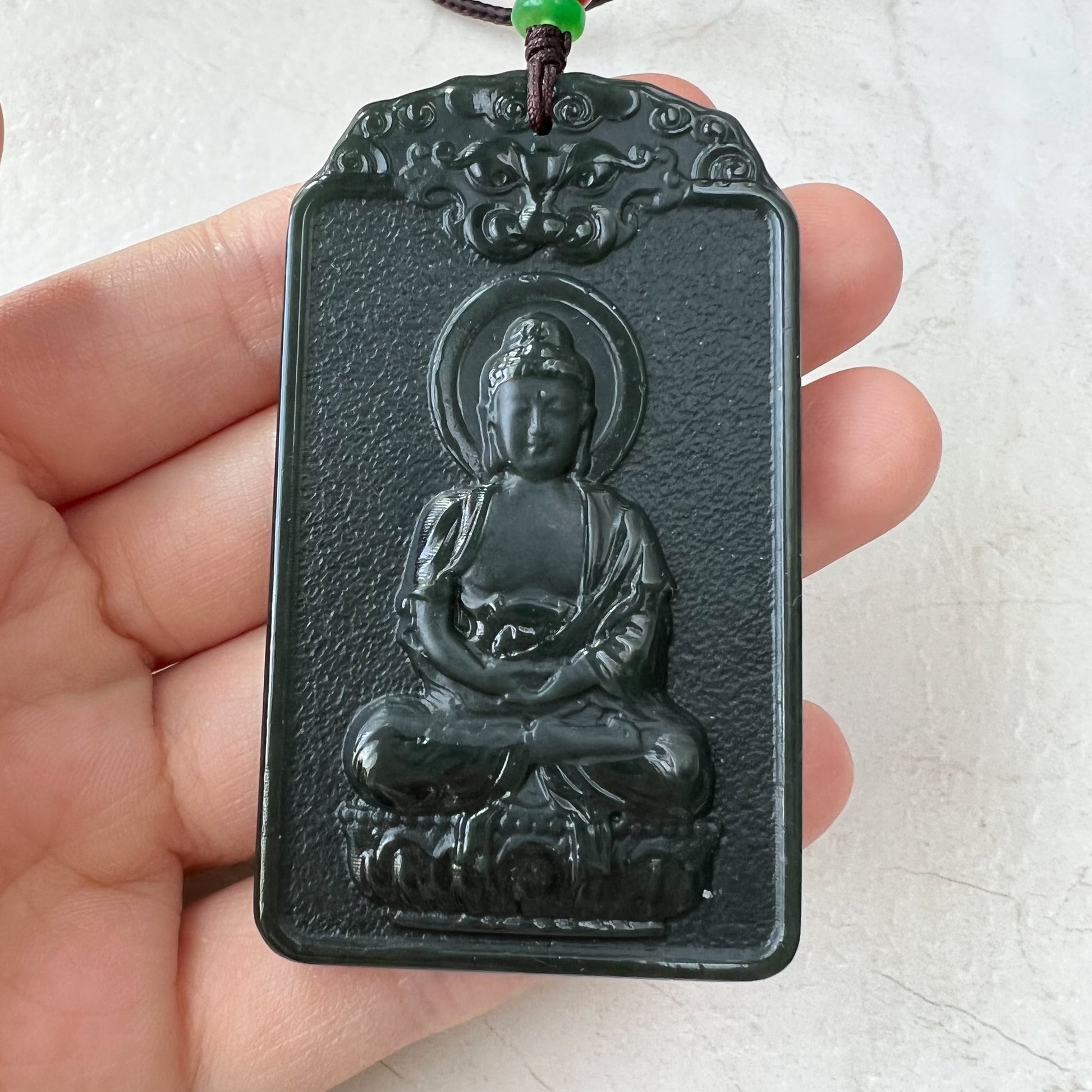 Nephrite Jade Vairocana Buddha, Da Ri Ru Lai, Đại Nhật Như La, Dark Green Carved Jade Monkey Buddha Pendant Necklace, RM-1221-1649778220 - AriaDesignCollection