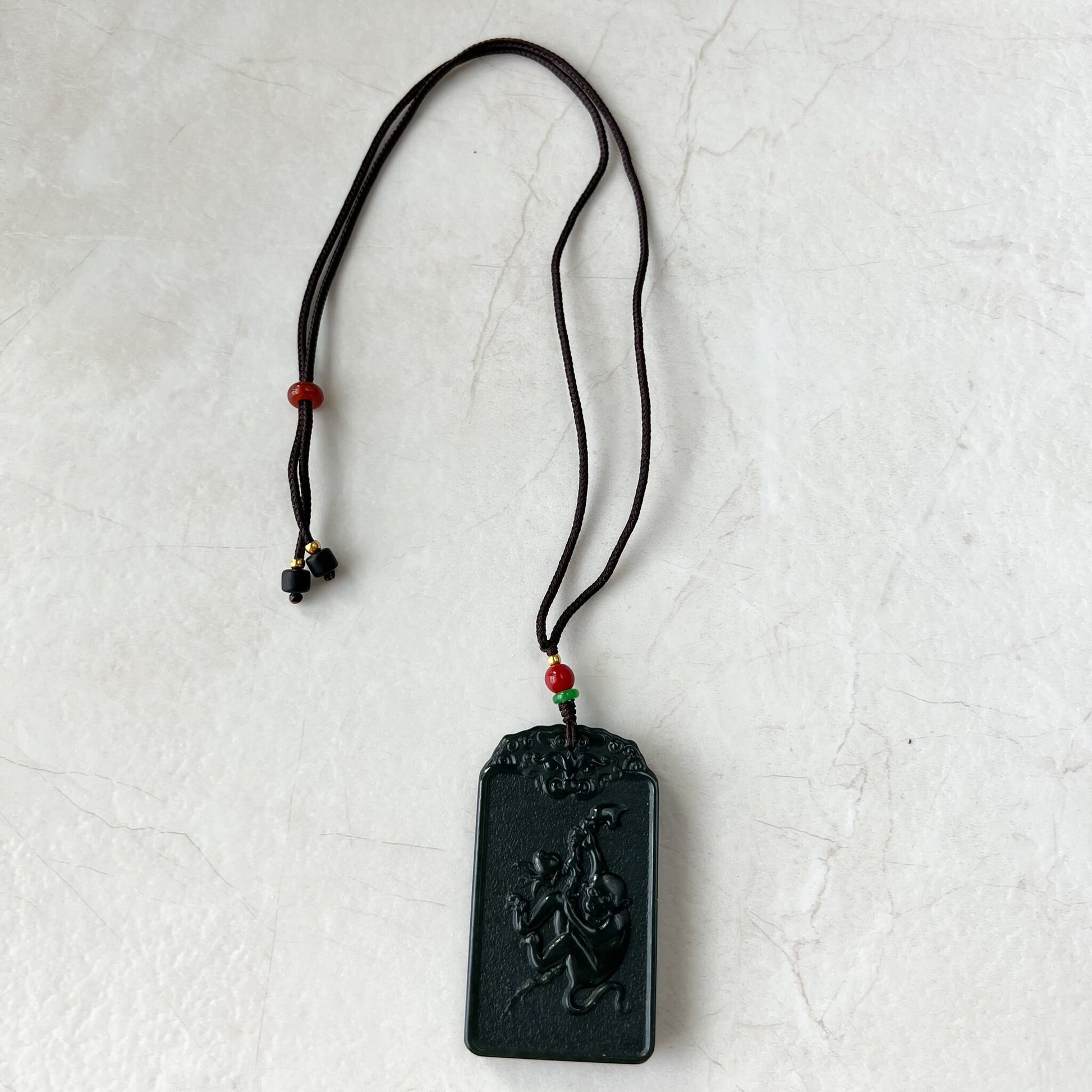 Nephrite Jade Vairocana Buddha, Da Ri Ru Lai, Đại Nhật Như La, Dark Green Carved Jade Monkey Buddha Pendant Necklace, RM-1221-1649778220 - AriaDesignCollection