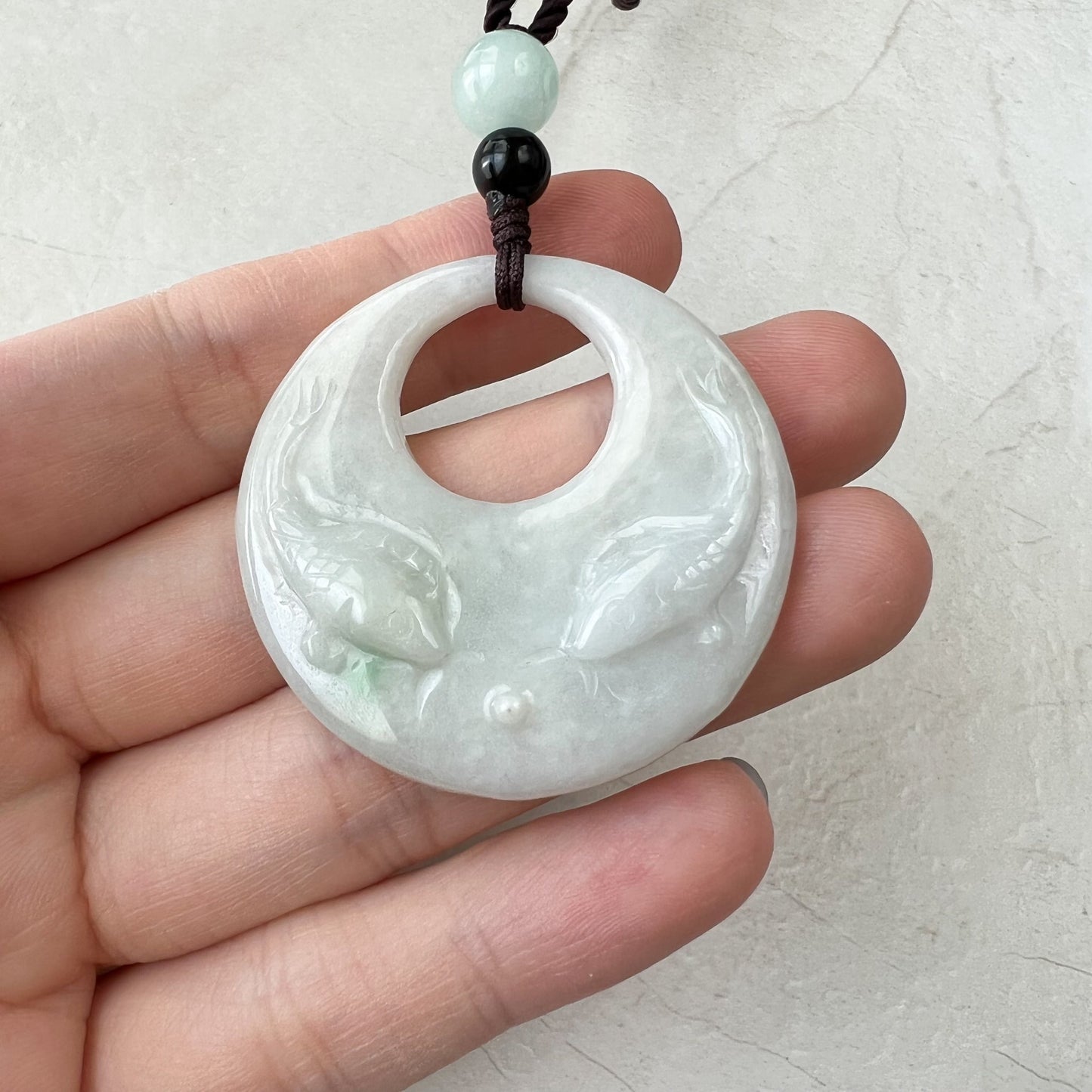 Jadeite Jade Twin Fish, Pisces Zodiac Horoscope Necklace, Hand Carved Pendant Necklace, YJ-1221-0315209-1 - AriaDesignCollection