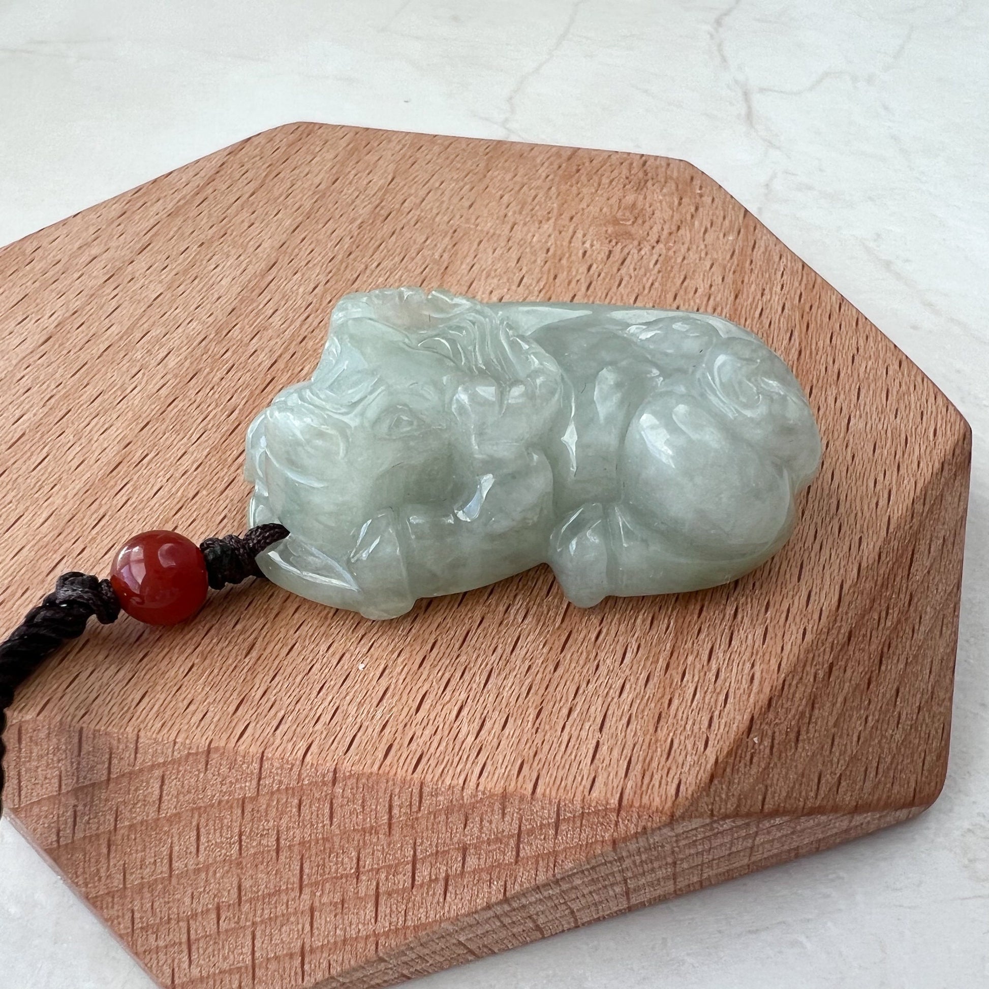 Light Gray Green Jadeite Jade Ox Bull Cow Chinese Zodiac Carved Necklace, YJ-0321-0343771-2 - AriaDesignCollection