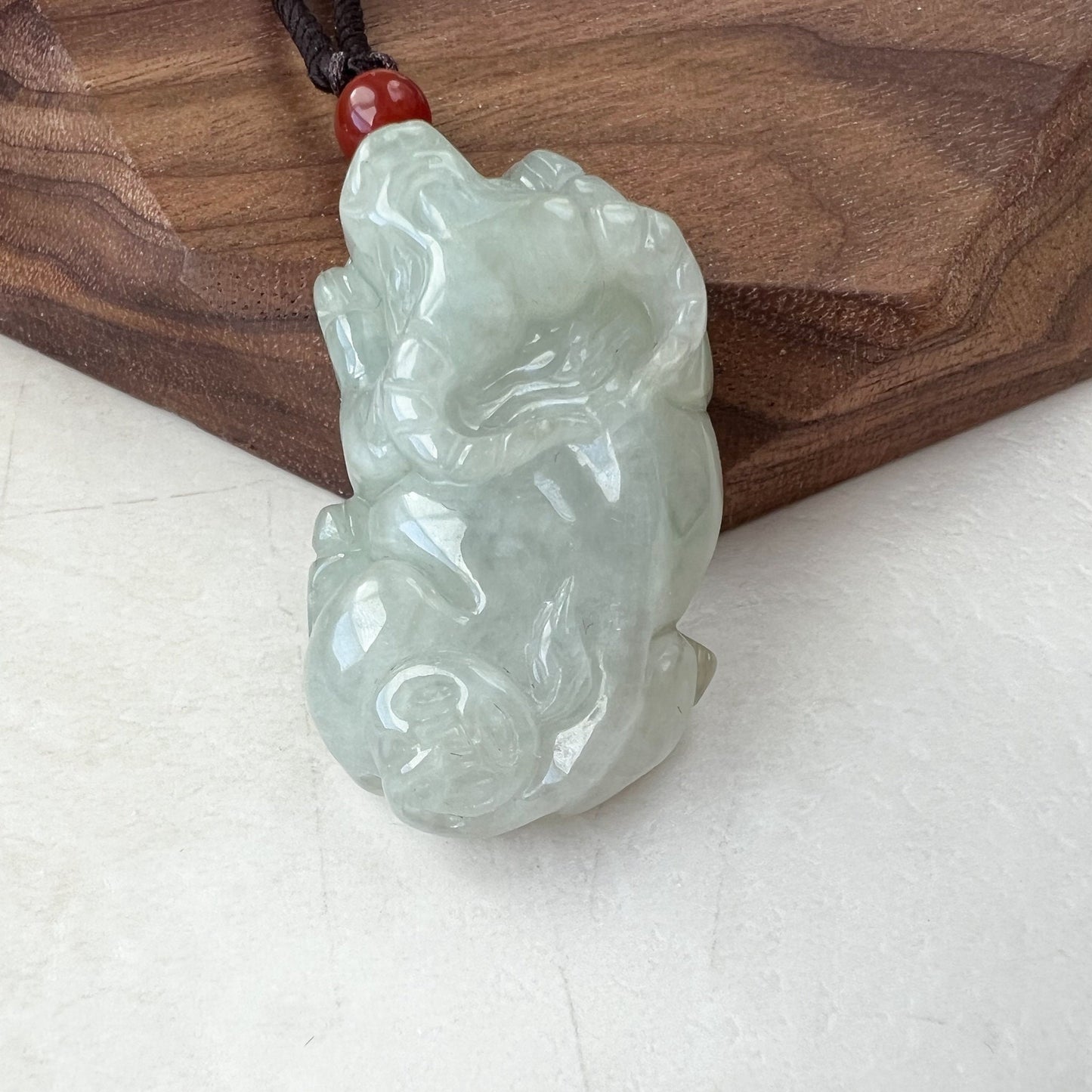 Light Gray Green Jadeite Jade Ox Bull Cow Chinese Zodiac Carved Necklace, YJ-0321-0343771-2 - AriaDesignCollection