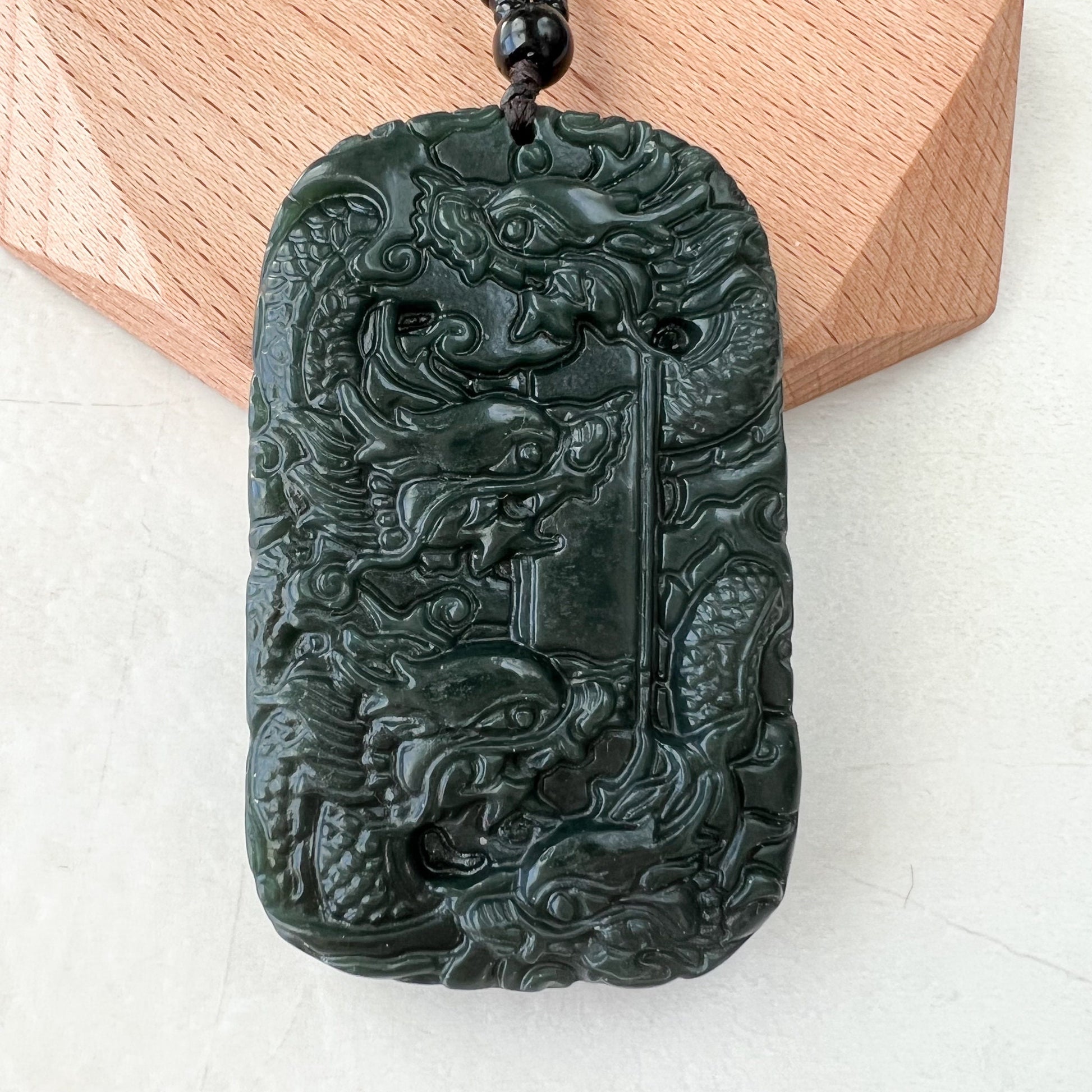 Dark Green, Black, Nephrite Jade Dragon Hand Carved Necklace, YZ-1221-1648247276 - AriaDesignCollection