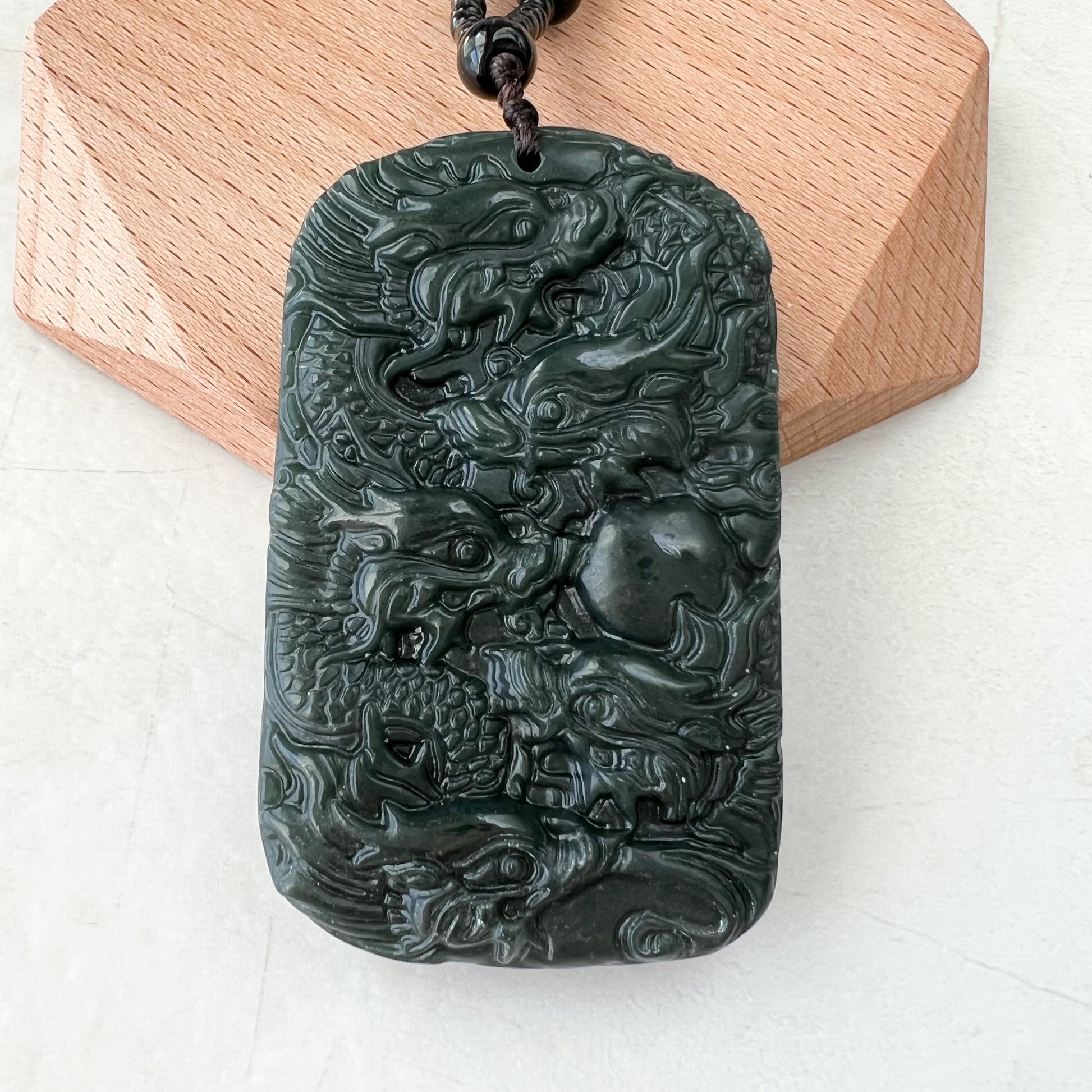 Dark Green, Black, Nephrite Jade Dragon Hand Carved Necklace, YZ-1221-1648247276 - AriaDesignCollection