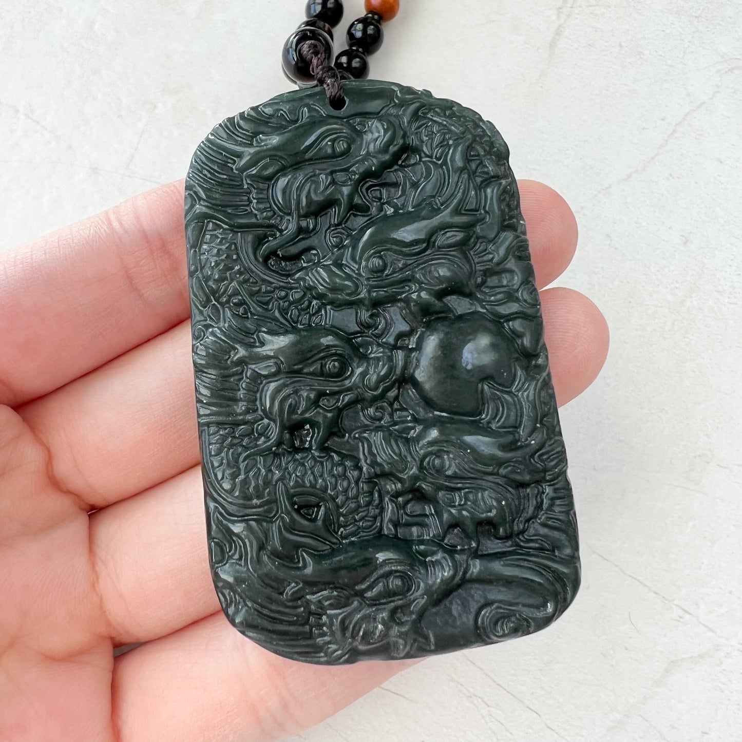 Dark Green, Black, Nephrite Jade Dragon Hand Carved Necklace, YZ-1221-1648247276 - AriaDesignCollection