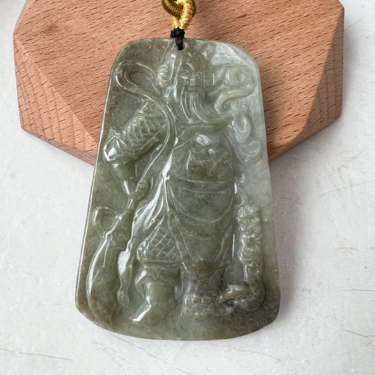 Large Green Jadeite Jade Guan Yu Guan Gong Carved Pendant Necklace, YJ-1221-0235508 - AriaDesignCollection
