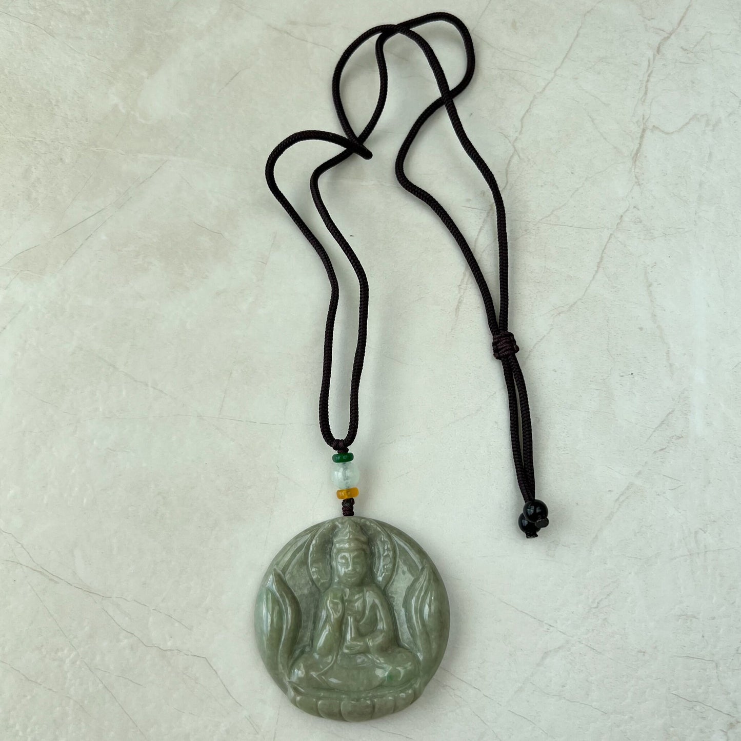 Green Yellow Jadeite Jade Standing Guan Yin Avalokiteshvara Carved Pendant Necklace, YJ-1221-0168146 - AriaDesignCollection