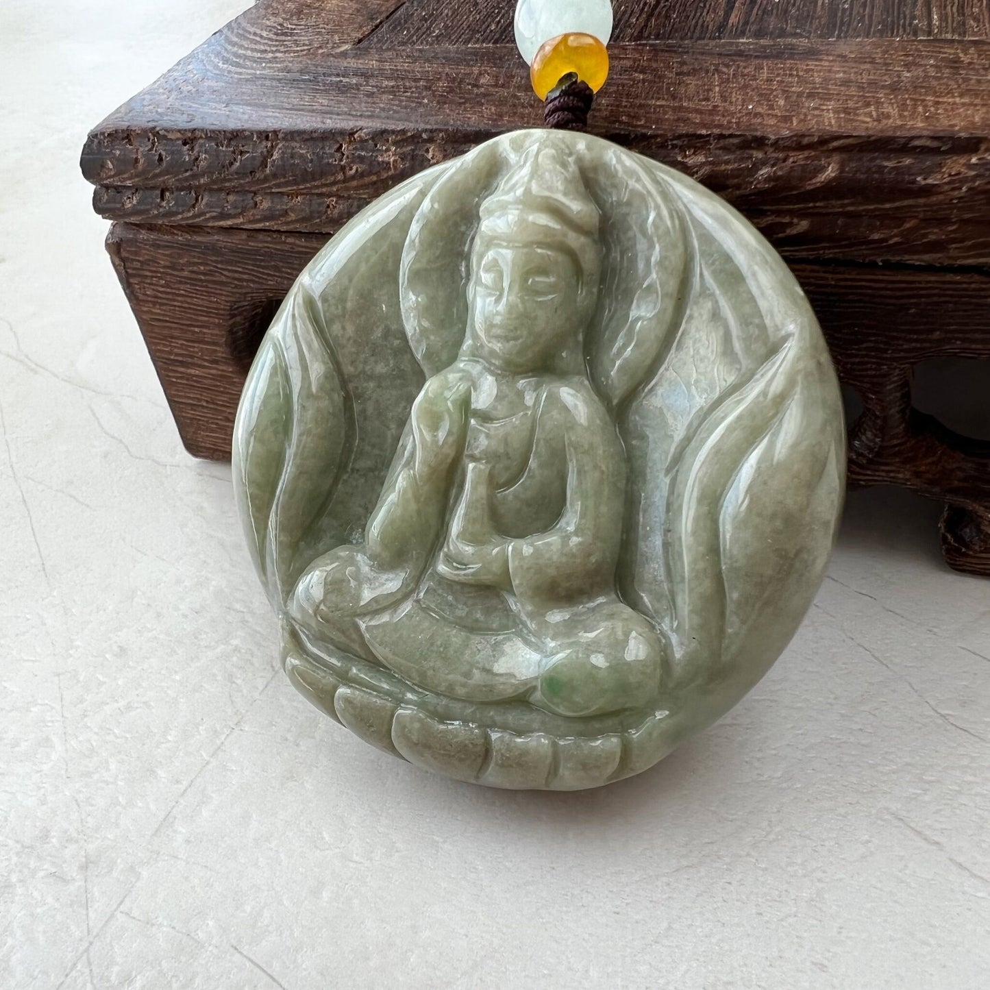 Green Yellow Jadeite Jade Standing Guan Yin Avalokiteshvara Carved Pendant Necklace, YJ-1221-0168146 - AriaDesignCollection