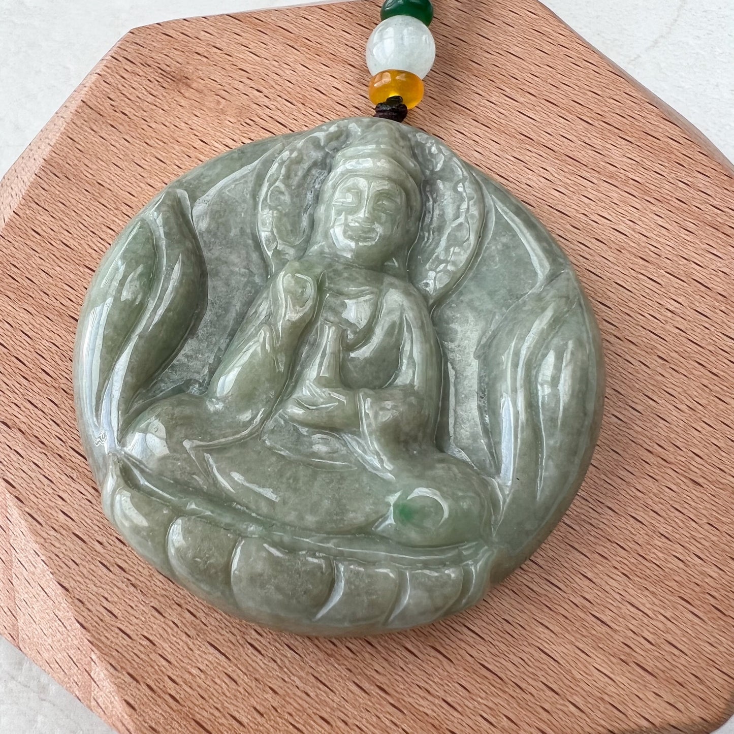 Green Yellow Jadeite Jade Standing Guan Yin Avalokiteshvara Carved Pendant Necklace, YJ-1221-0168146 - AriaDesignCollection