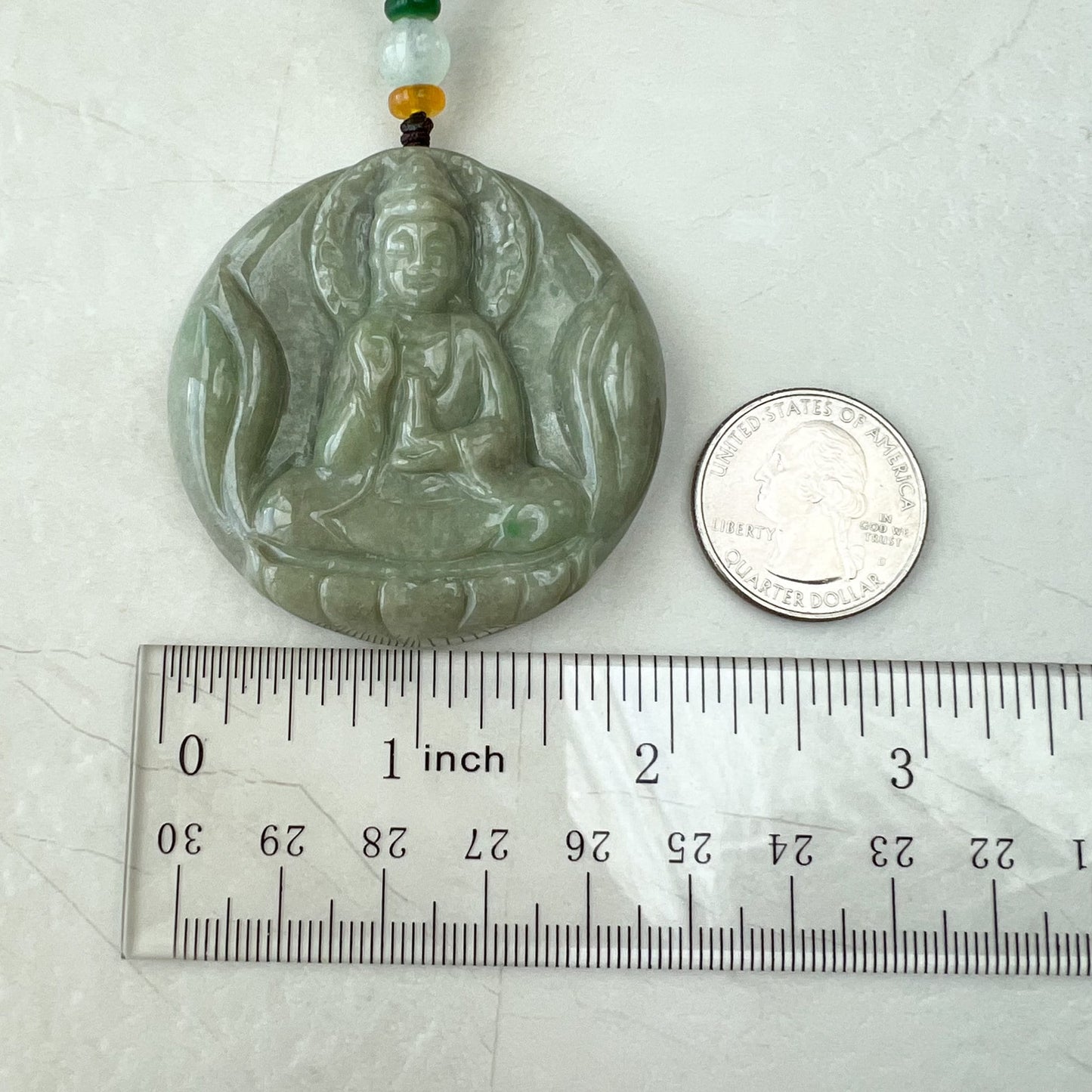 Green Yellow Jadeite Jade Standing Guan Yin Avalokiteshvara Carved Pendant Necklace, YJ-1221-0168146 - AriaDesignCollection