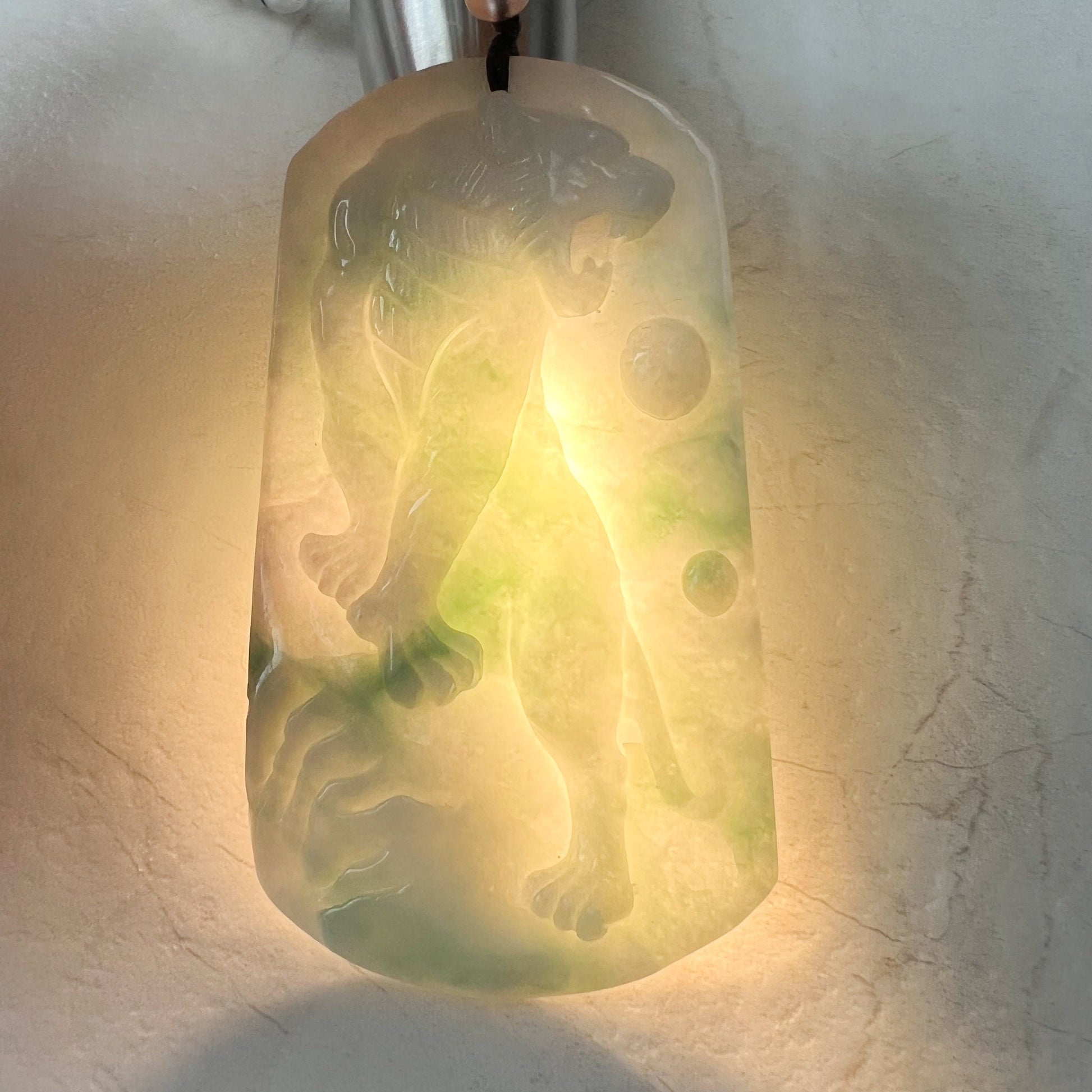 Large Jadeite Jade Tiger, Green White Jade, Chinese Zodiac Carved Pendant Necklace, YJ-1221-0235533 - AriaDesignCollection