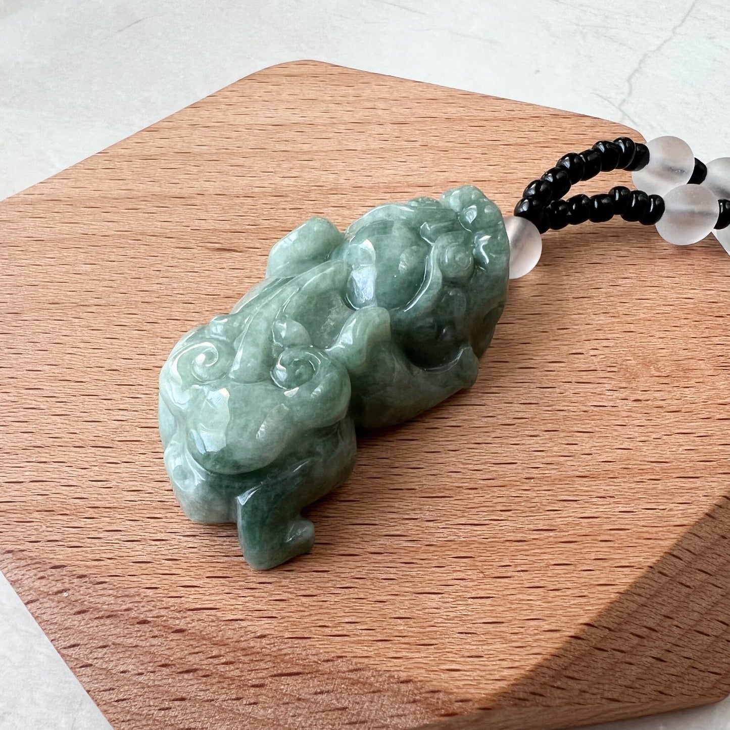 Green Jadeite Jade, Dragon Pixiu Pi Xiu, 貔貅, Dragon Chinese Carved Pendant, YJ-1221-0168140 - AriaDesignCollection