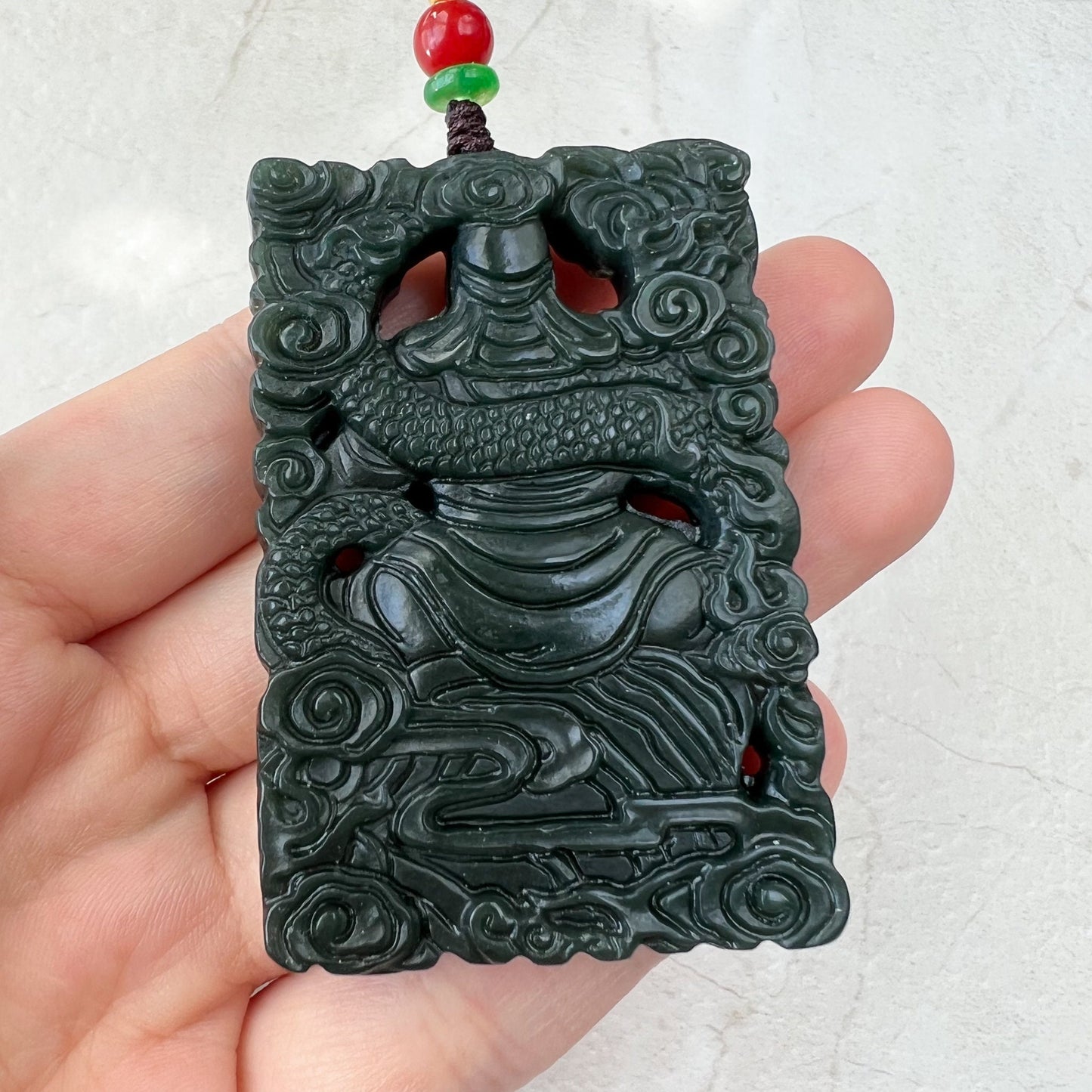 Dark Green Black Nephrite Jade Guan Yu Guan Gong, 关公, Carved Pendant Necklace, RM-1221-1648483726 - AriaDesignCollection