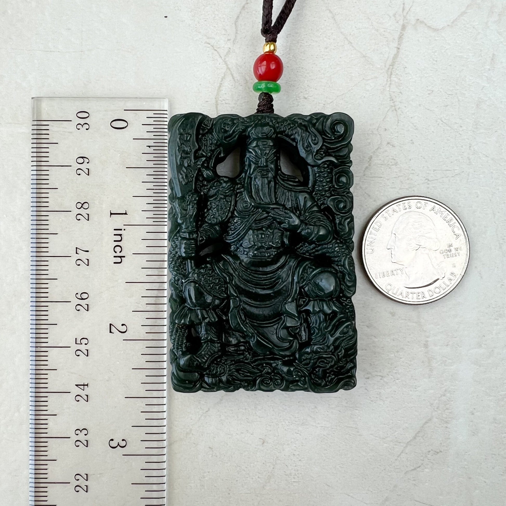 Dark Green Black Nephrite Jade Guan Yu Guan Gong, 关公, Carved Pendant Necklace, RM-1221-1648483726 - AriaDesignCollection