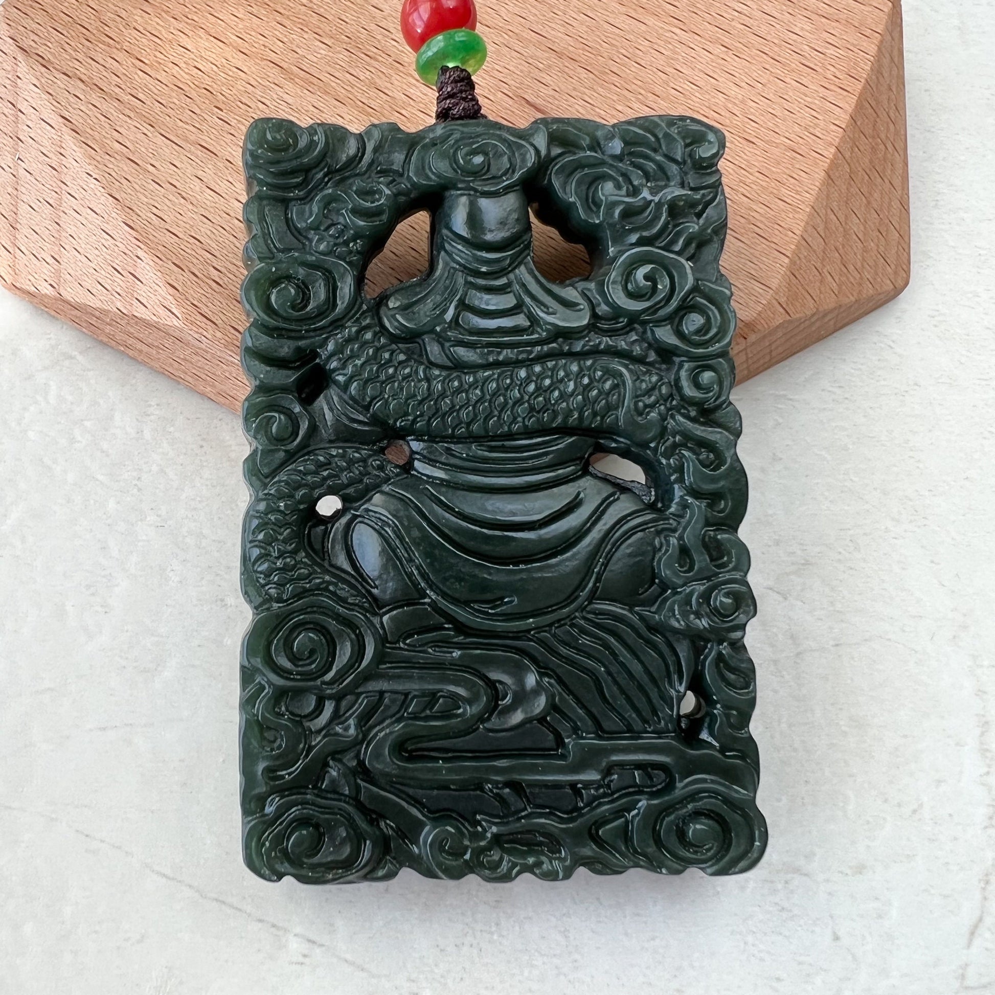 Dark Green Black Nephrite Jade Guan Yu Guan Gong, 关公, Carved Pendant Necklace, RM-1221-1648483726 - AriaDesignCollection