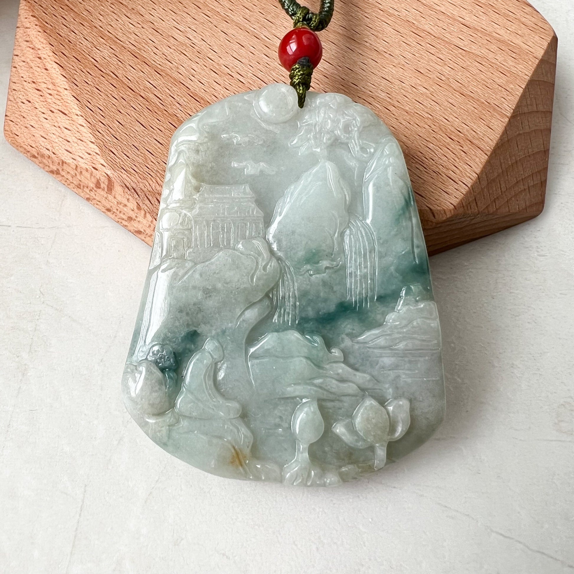 Jadeite Jade Landscape Tree Mountain Forest River Scenery Hand Carved Pendant Necklace, YJ-0921-0137232 - AriaDesignCollection
