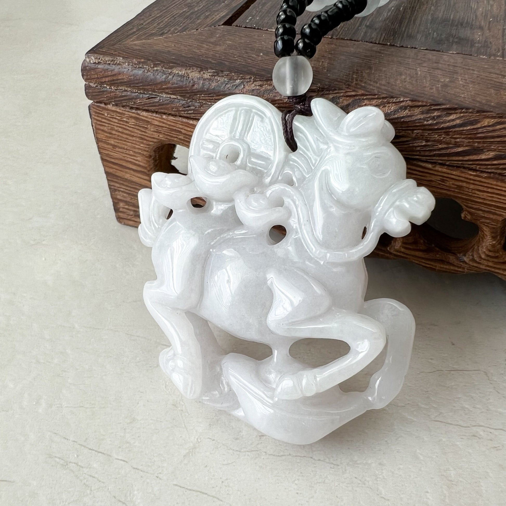 Large White Horse Jade Jadeite, Money Coin, Chinese Zodiac Carved Pendant Necklace, YJ-0322-0315202 - AriaDesignCollection