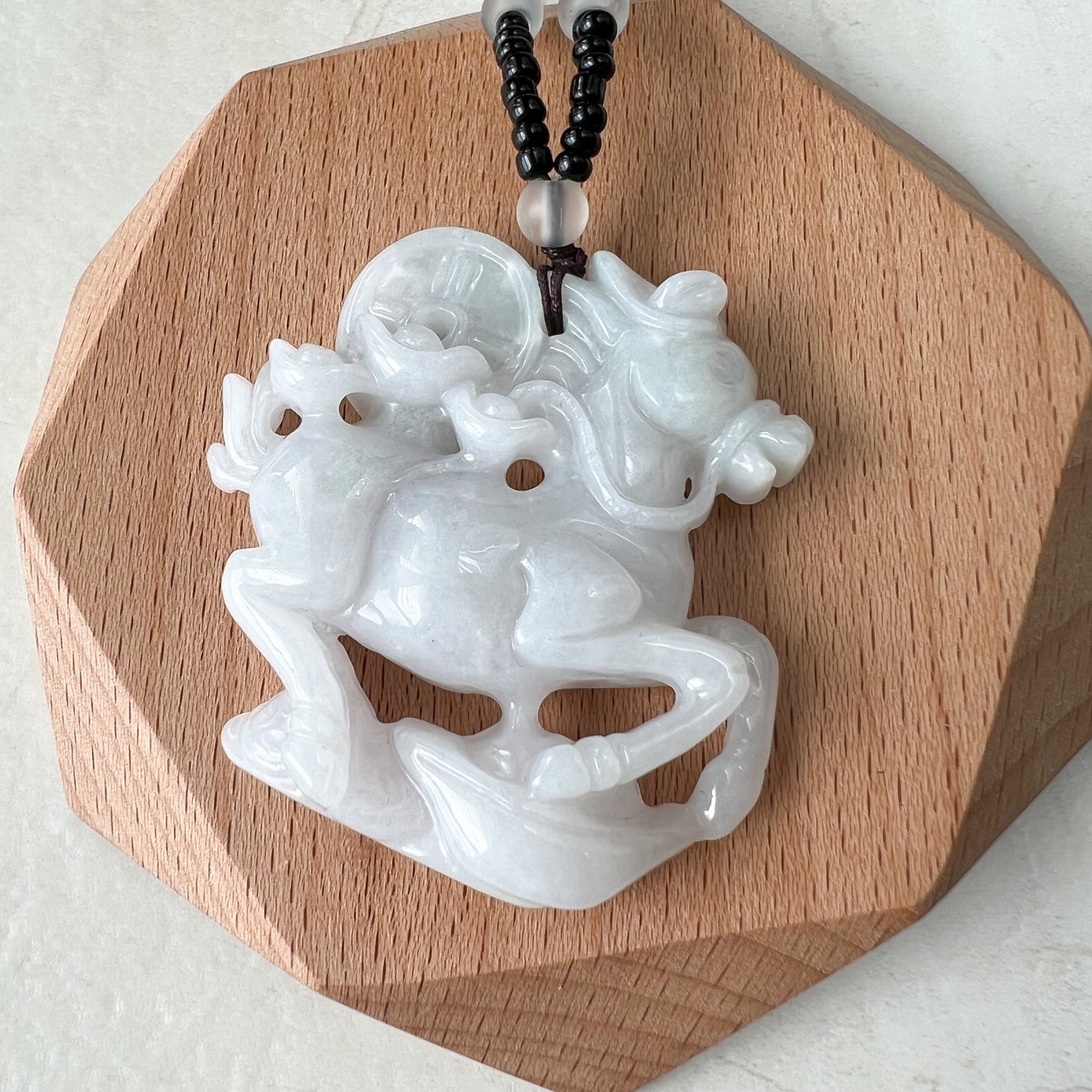 Large White Horse Jade Jadeite, Money Coin, Chinese Zodiac Carved Pendant Necklace, YJ-0322-0315202 - AriaDesignCollection