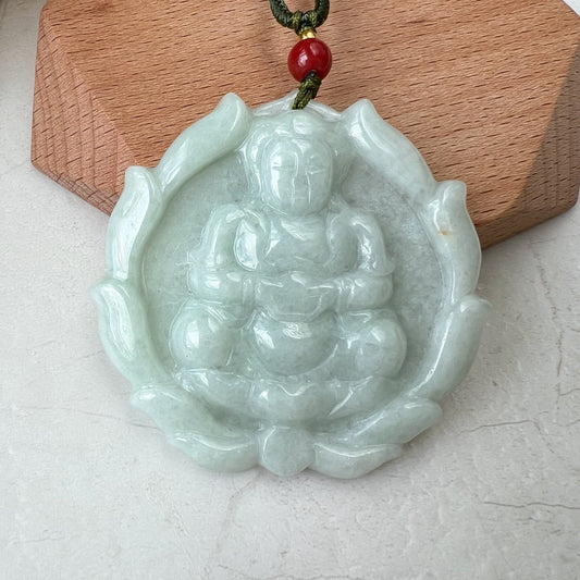 Green Jadeite Jade Guan Yin Avalokiteshvara Lotus, Quan Am, Carved Pendant Necklace, YJ-0322-0336517 - AriaDesignCollection