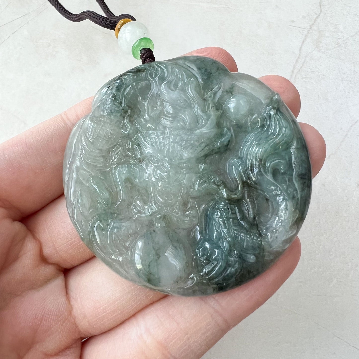 Icy Translucent Green Jadeite Jade Dragon Chinese Zodiac Hand Carved Pendant Necklace, YJ-0322-0355363 - AriaDesignCollection