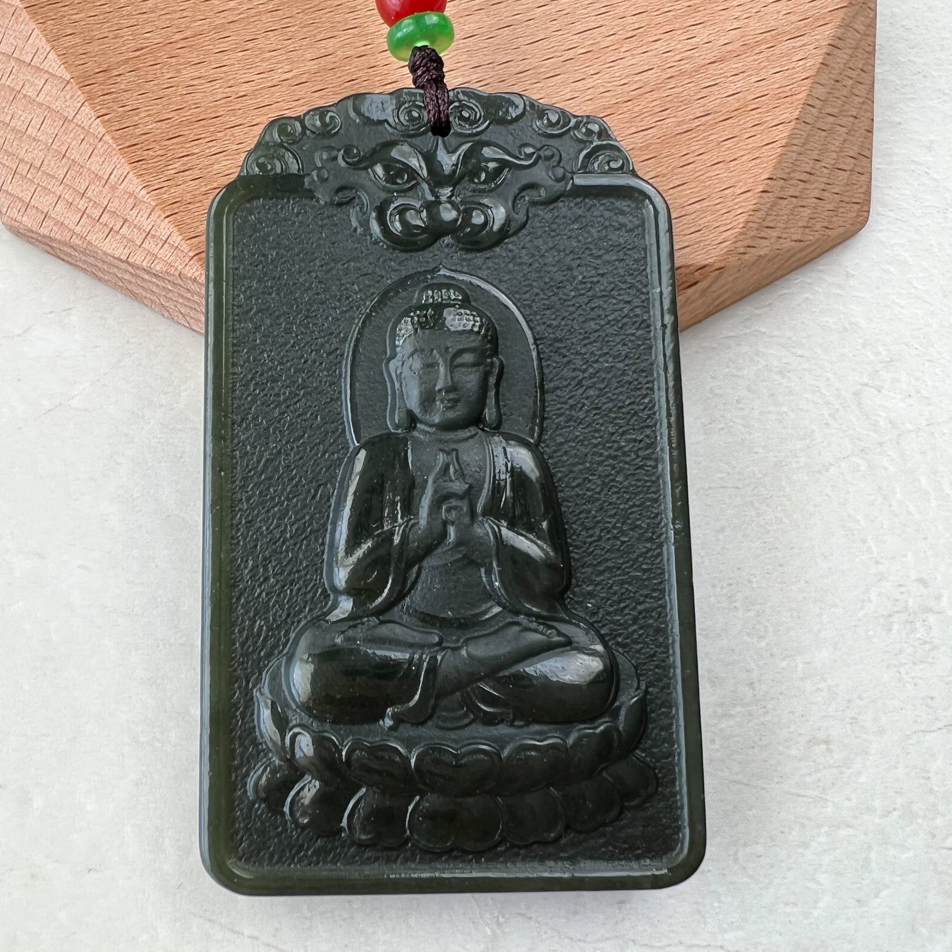 Nephrite Jade Amitabha Buddha Amita Amida, 阿弥陀佛, Dog Zodiac Carved Pendant Necklace, RM-1221-1649422429 - AriaDesignCollection