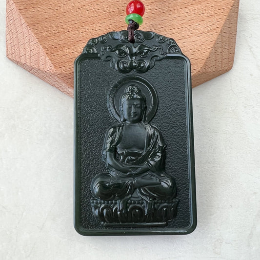 Nephrite Jade Vairocana Buddha, Da Ri Ru Lai, Đại Nhật Như La, Dark Green Carved Jade Goat Sheep Buddha Pendant Necklace, RM-1221-1649431602 - AriaDesignCollection