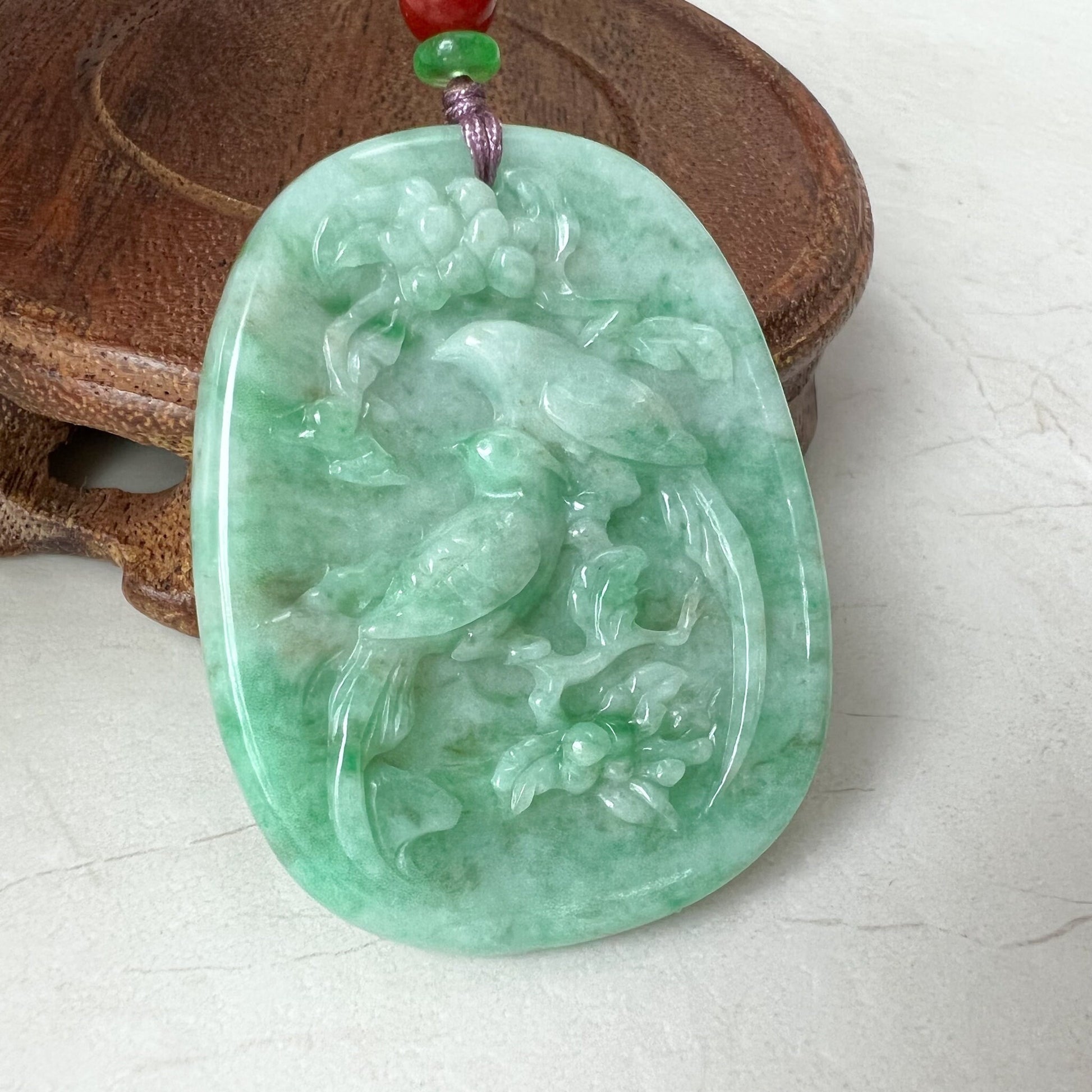 Green Jadeite Jade Floral Twin Bird, Magpie, Hand Carved Pendant, ZYF-0322-1651243643 - AriaDesignCollection