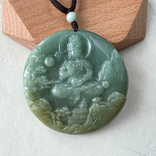 Green Jadeite Jade Guan Yin Avalokiteshvara Hand Carved Pendant Necklace, YJ-0322-0315224 - AriaDesignCollection