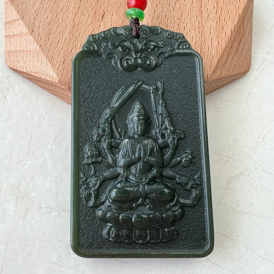 Dark Green Nephrite Jade Thousand Hand Guan Yin Necklace, Quan Am, 观音, Rat Zodiac Hand Carved Pendant, Female Buddha, RM-1221-1649436719 - AriaDesignCollection