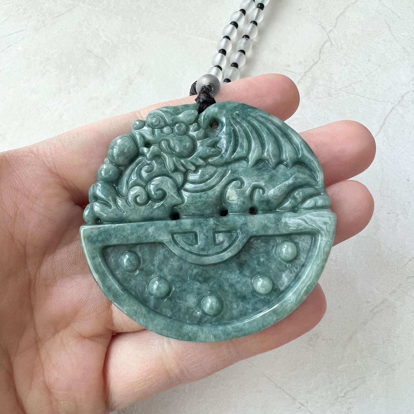 Large Green Jadeite Jade, Dragon Pixiu Pi Xiu, 貔貅, Winged Pi Xiu, Dragon Chinese Carved Pendant, YJ-0322-0355264 - AriaDesignCollection