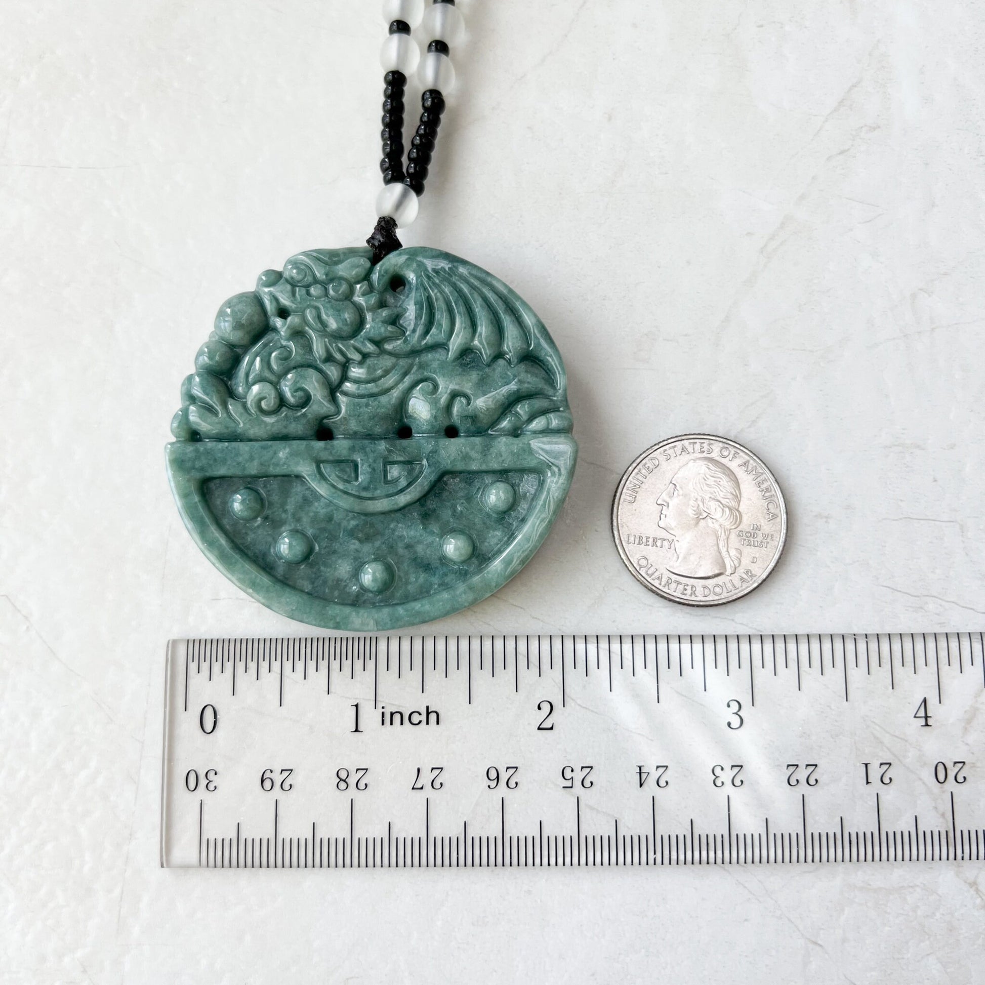 Large Green Jadeite Jade, Dragon Pixiu Pi Xiu, 貔貅, Winged Pi Xiu, Dragon Chinese Carved Pendant, YJ-0322-0355264 - AriaDesignCollection