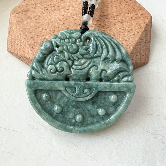 Large Green Jadeite Jade, Dragon Pixiu Pi Xiu, 貔貅, Winged Pi Xiu, Dragon Chinese Carved Pendant, YJ-0322-0355264 - AriaDesignCollection